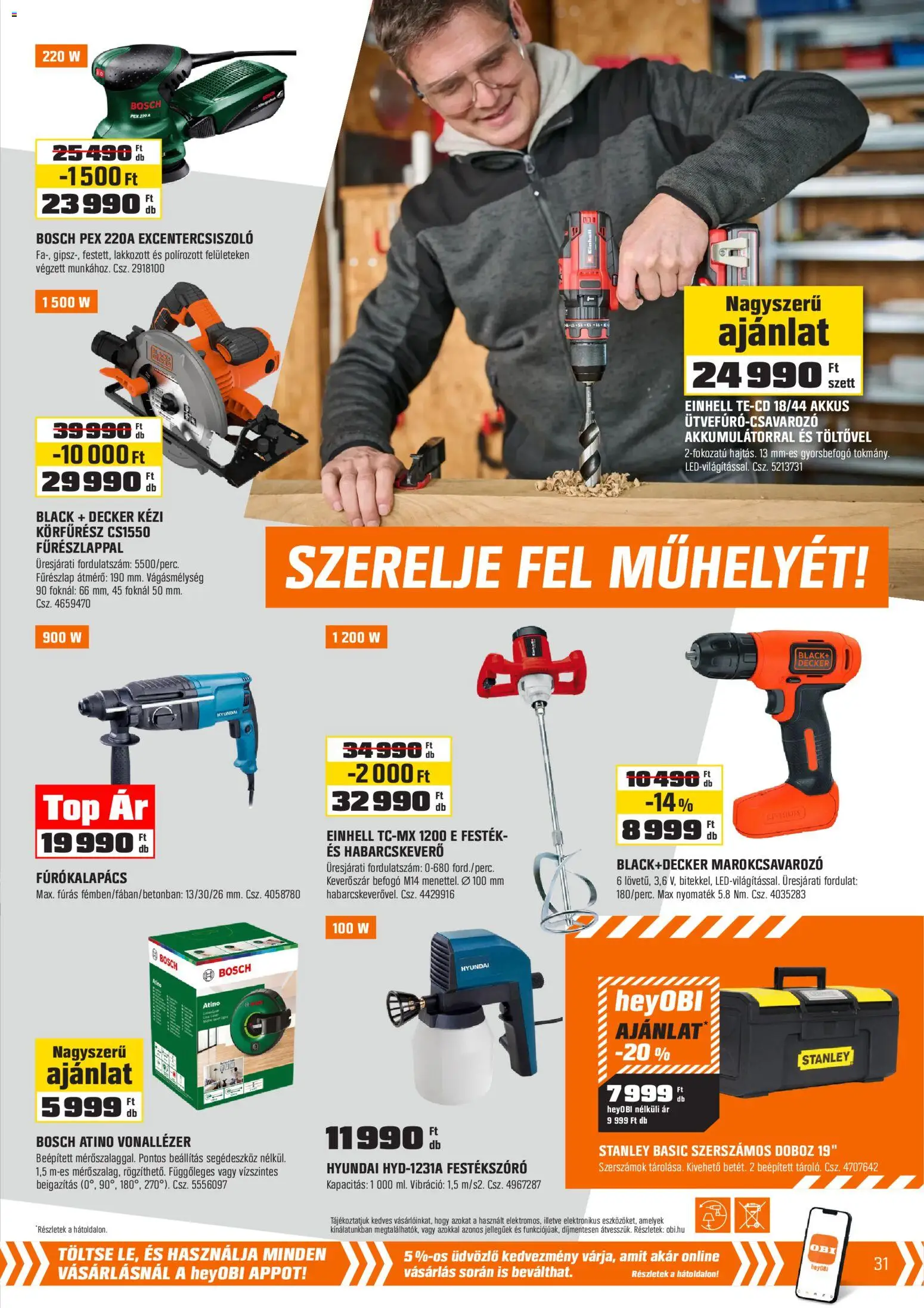 OBI akciós ujság - amely érvényes a következő dátumtól: 2026.07.01. | Oldal: 31 | Termékek: Kézi körfűrész, Fúrókalapács, Excentercsiszoló, Festék
