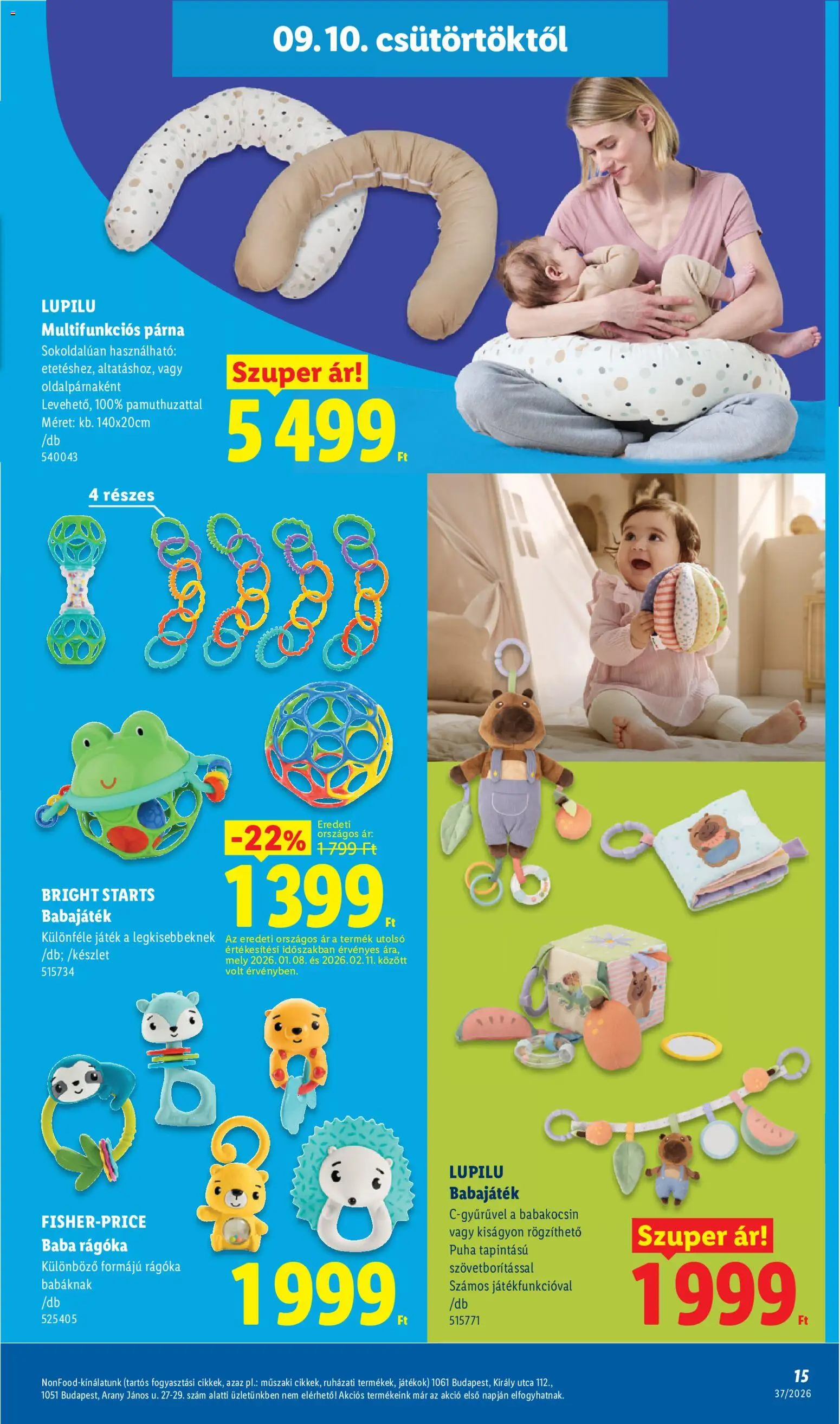 Lidl akciós ujság - amely érvényes a következő dátumtól: 2026.09.10. | Oldal: 15 | Termékek: Játék, Párna, Lupilu, Baba