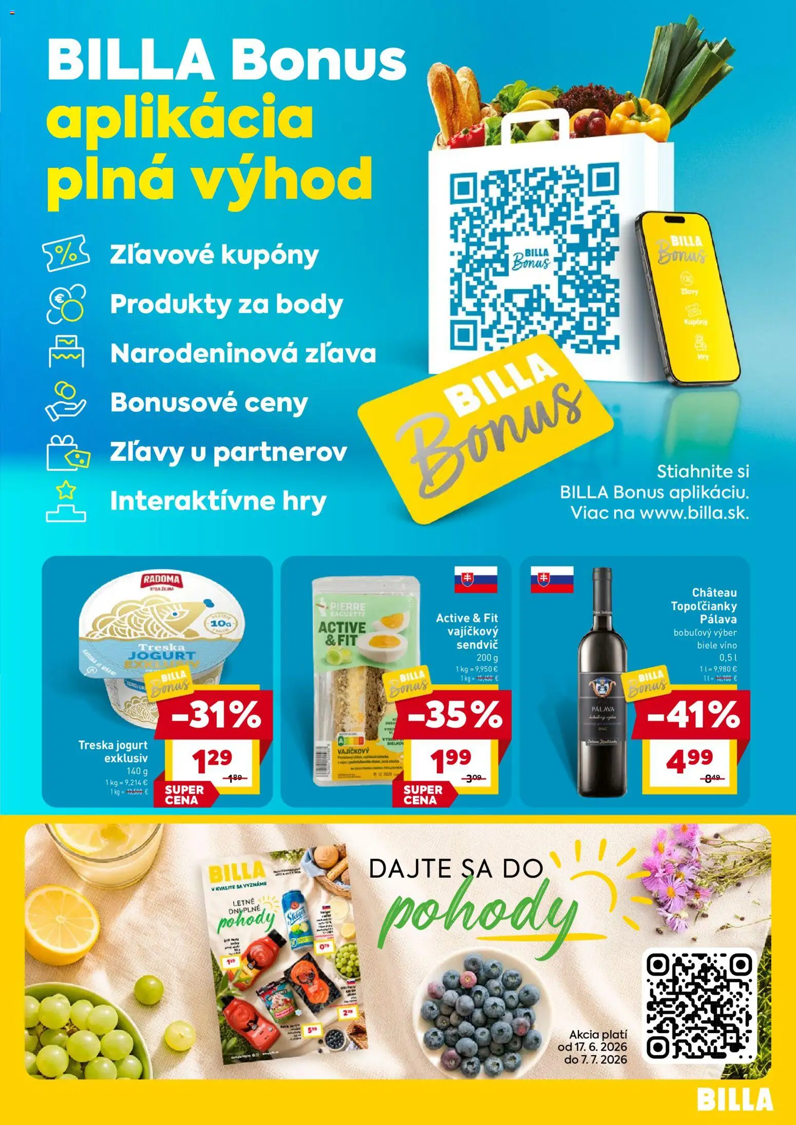 Nové Billa akcie – leták je platný od 17.06.2026 | Strana: 3 | Produkty: Jogurt, Biele víno, Ryba, Treska