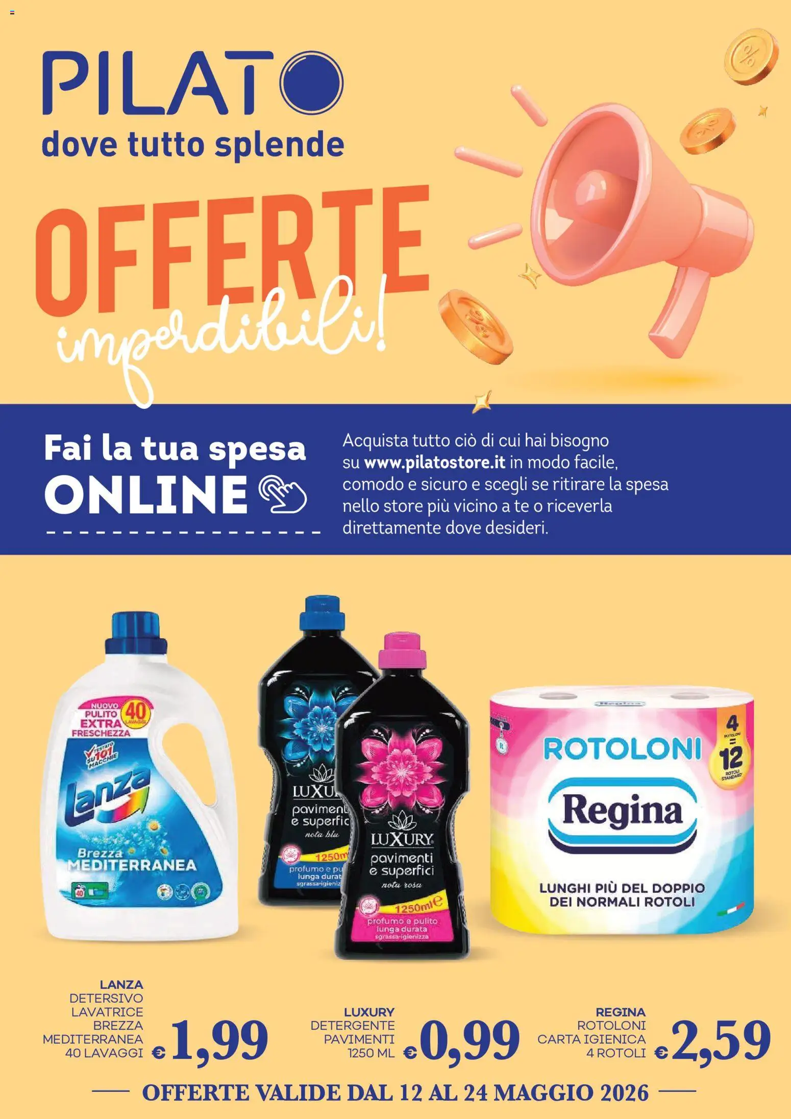 Volantino Pilato del 12.05.2026 | Pagina: 1 | Prodotti: Carta igienica, Detergente, Tè, Profumo