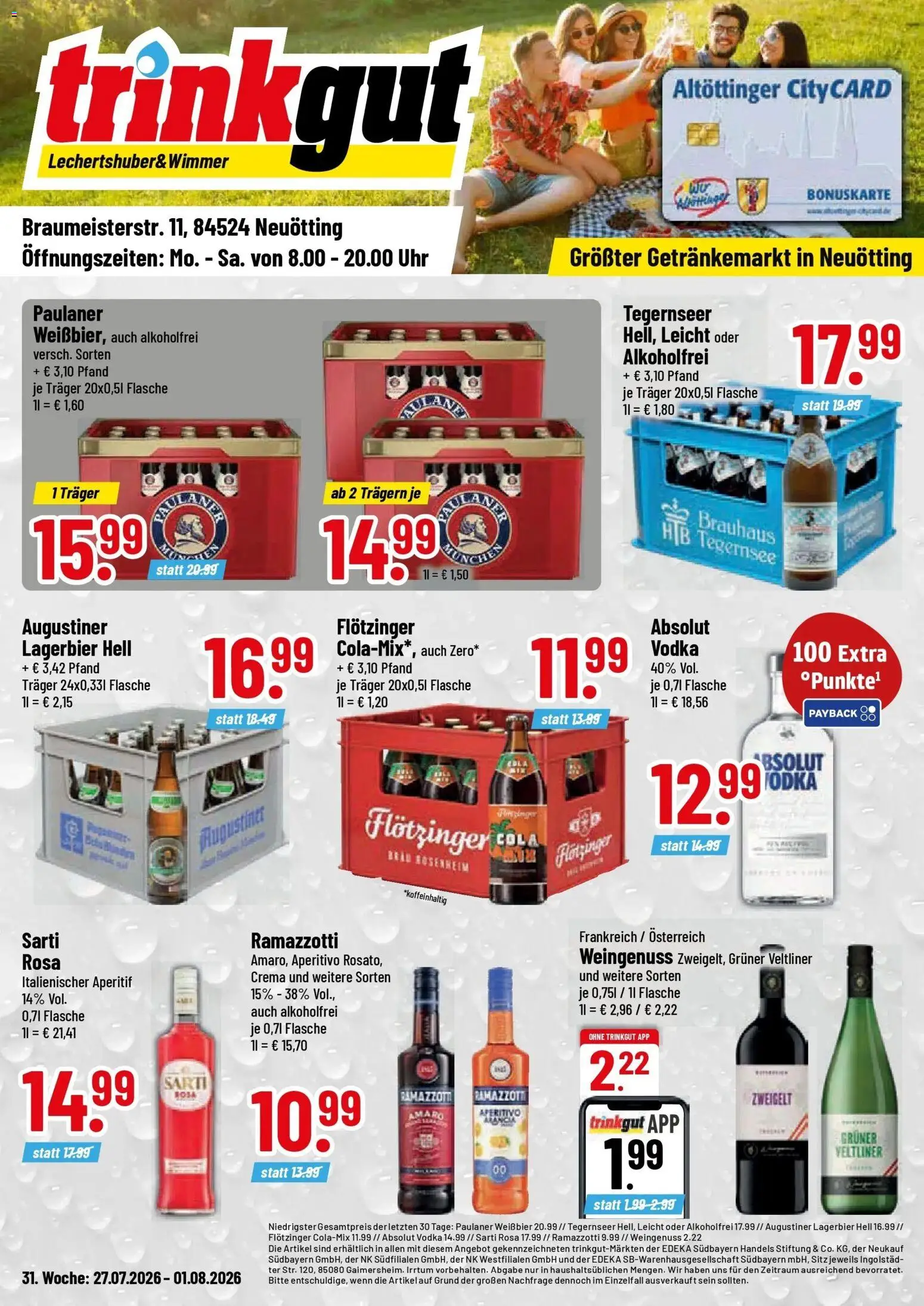 Trinkgut Prospekt Neuötting – gültig ab 27.07.2026 | Seite: 1 | Produkte: Cola, Vodka, Ramazzotti, Uhr