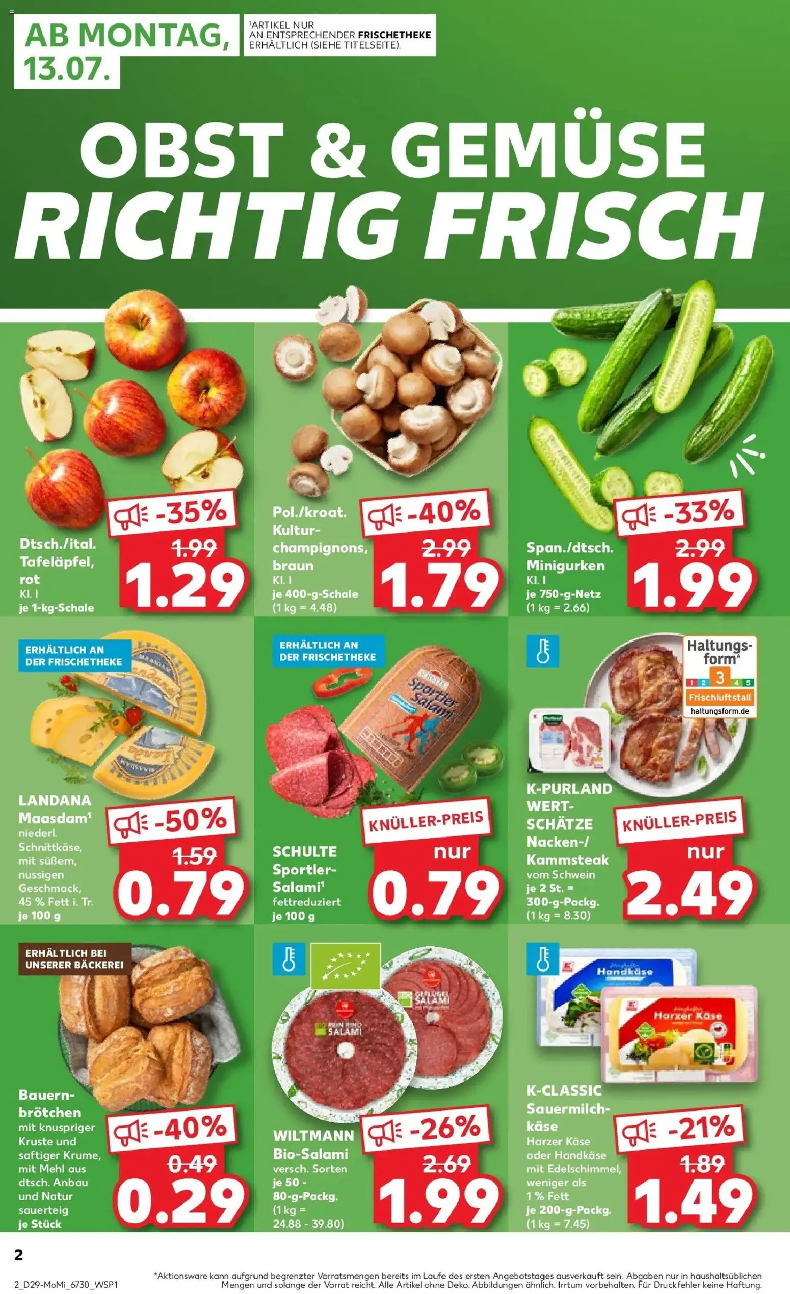 Kaufland Prospekt Meißen – gültig ab 13.07.2026 | Seite: 2 | Produkte: Mehl, Käse, Obst, Salami