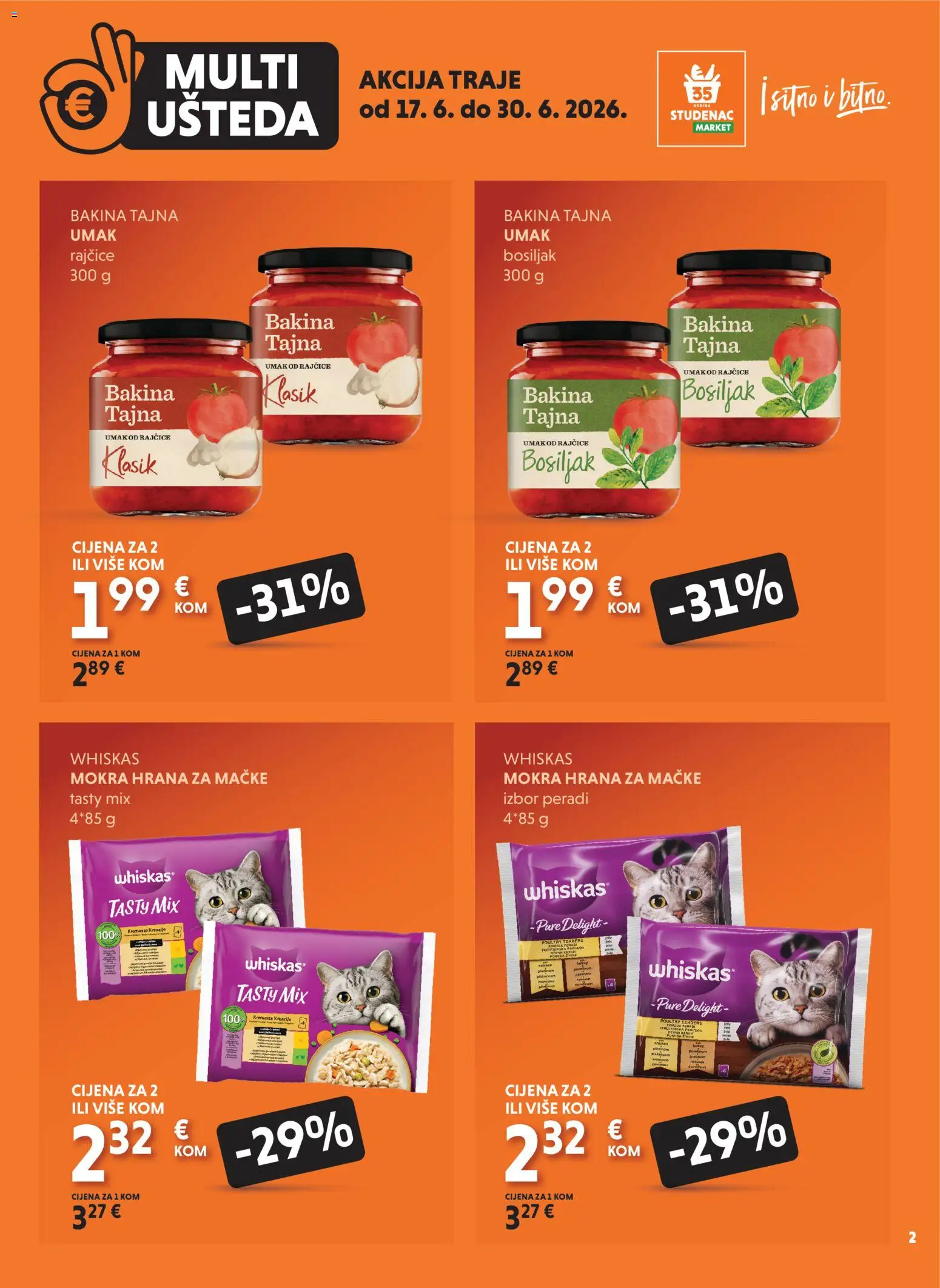 Studenac katalog | vrijedi od 17.06.2026 | Stranica: 2 | Proizvodi: Whiskas, Rajčice, Hrana za mačke, Bosiljak