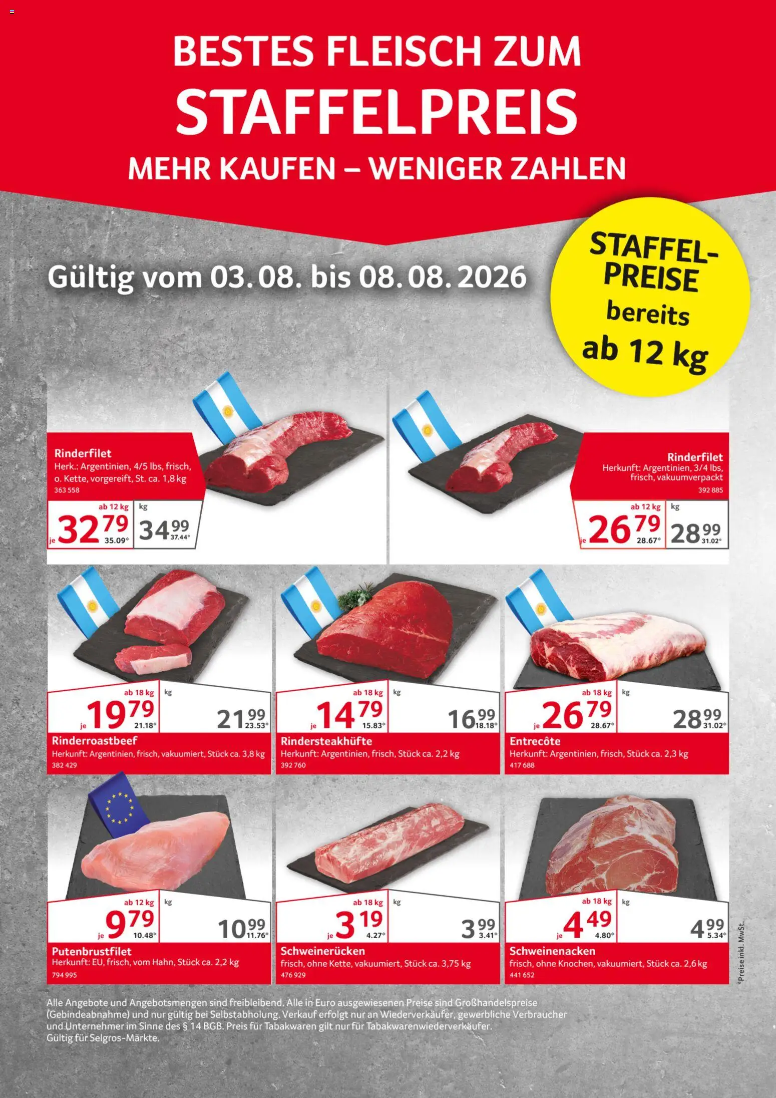 Selgros Fleisch zum Staffelpreis – gültig ab 03.08.2026 | Seite: 1 | Produkte: Rinderfilet, Schweinenacken, Entrecote, Schweinerucken