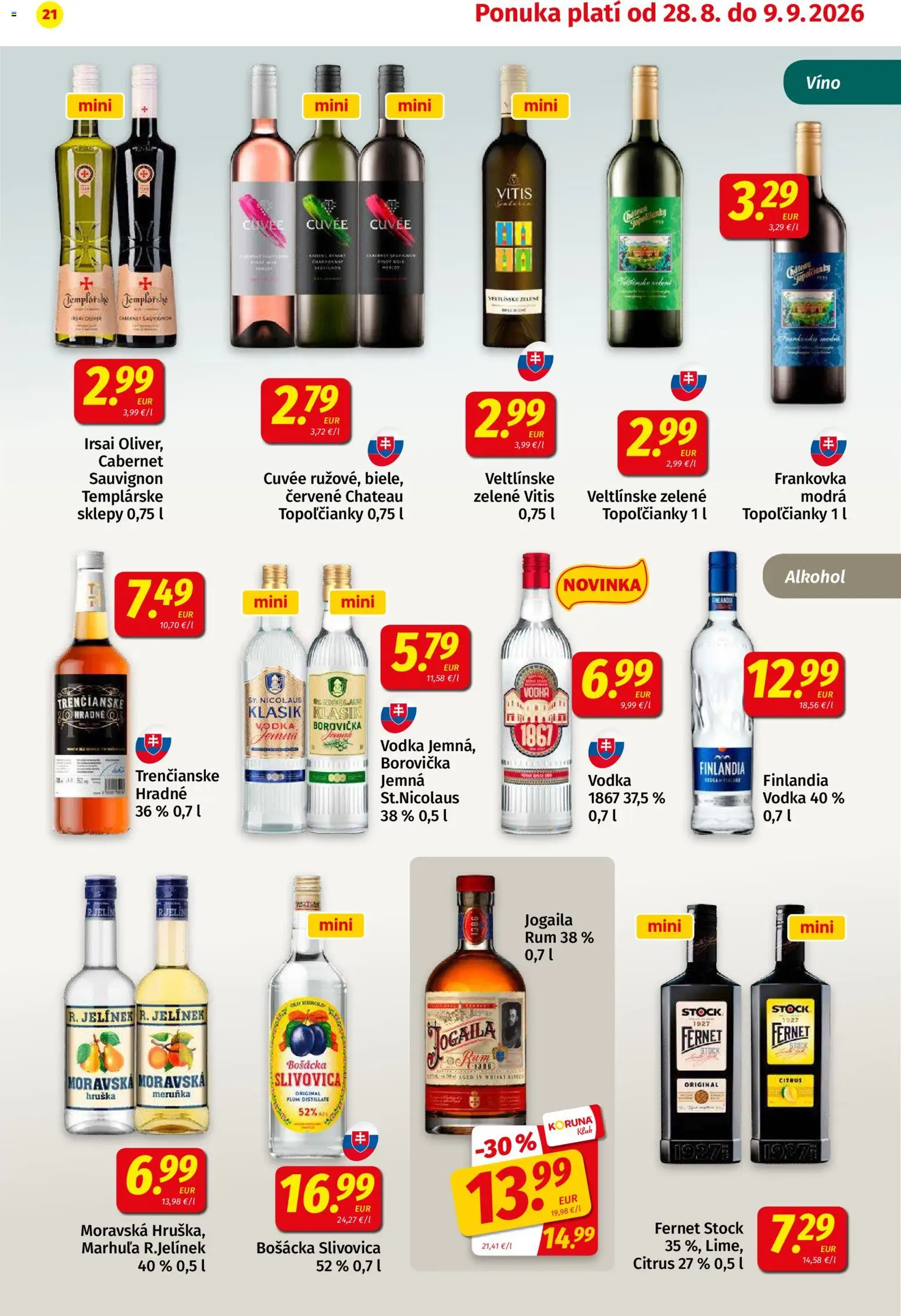 Nové Koruna akcie – leták je platný od 14.08.2026 | Strana: 21 | Produkty: Víno, Borovička, Slivovica, Fernet