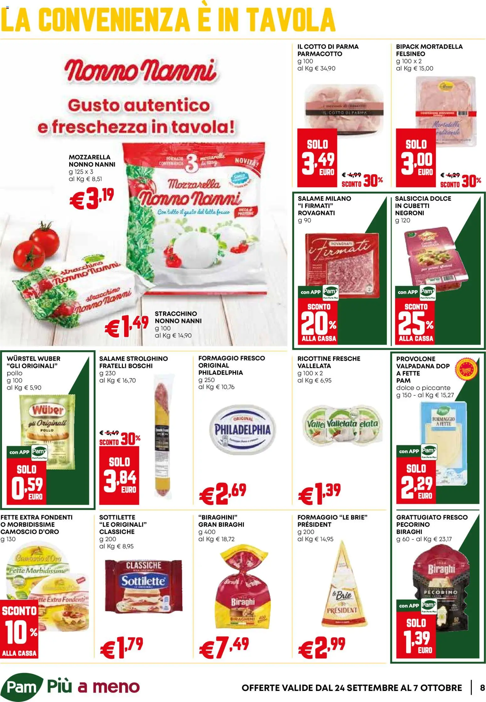 Volantino PAM del 24/09/2026 | Pagina: 8 | Prodotti: Mozzarella, Wurstel, Stracchino, Formaggio fresco