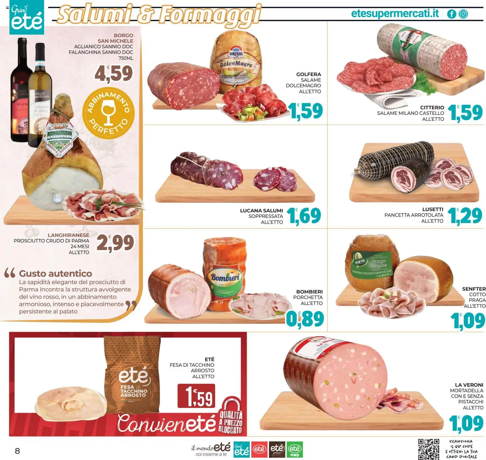 Volantino Eté del 01/09/2026 | Pagina: 8 | Prodotti: Prosciutto Crudo, Porchetta, Tacchino, Vino