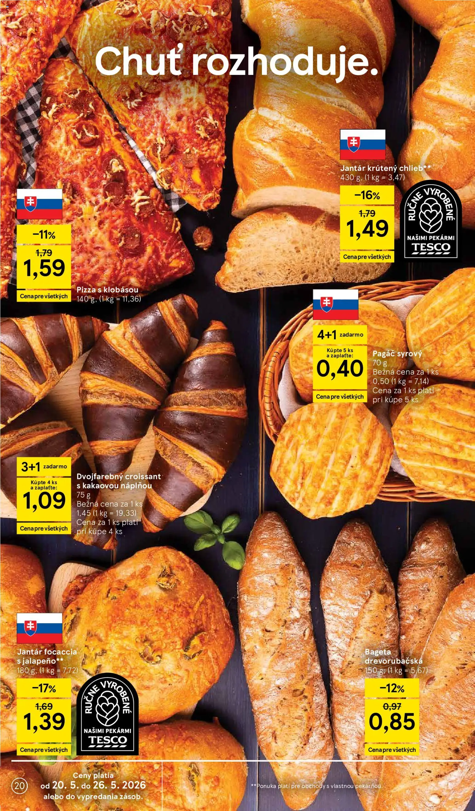 Nové Tesco akcie – leták je platný od 20.05.2026 | Strana: 20 | Produkty: Chlieb, Pizza, Croissant