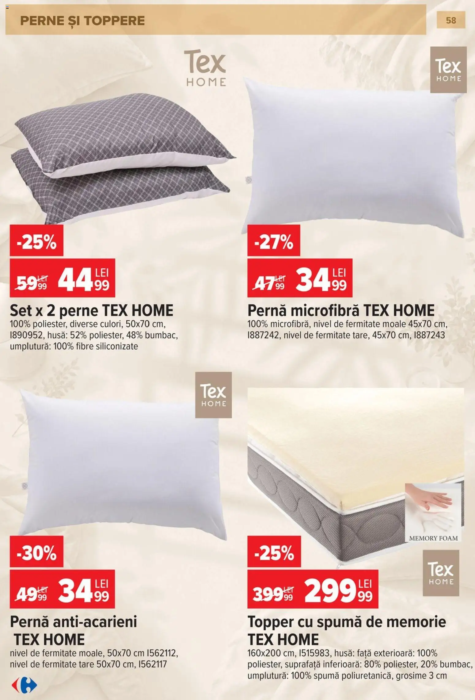 Noul catalog Carrefour – valabil de la 23.09.2026 | Pagină: 59 | Produse: Memorie, Perne, Pernă, Tex