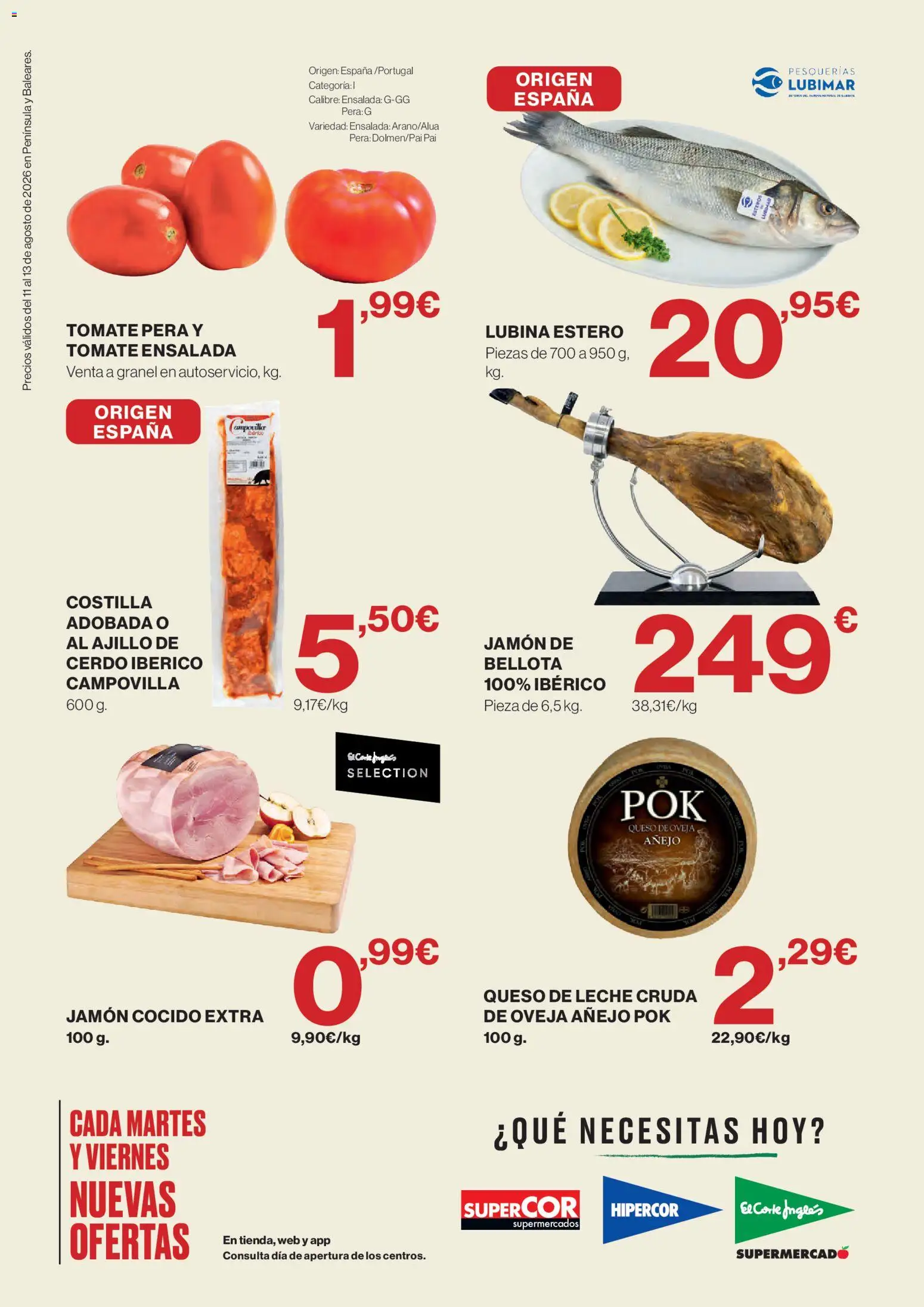 Hipercor Solo 3 días │ válido desde el 11/08/2026 | Página: 2 | Productos: Leche, Tomate, Cerdo, Ensalada
