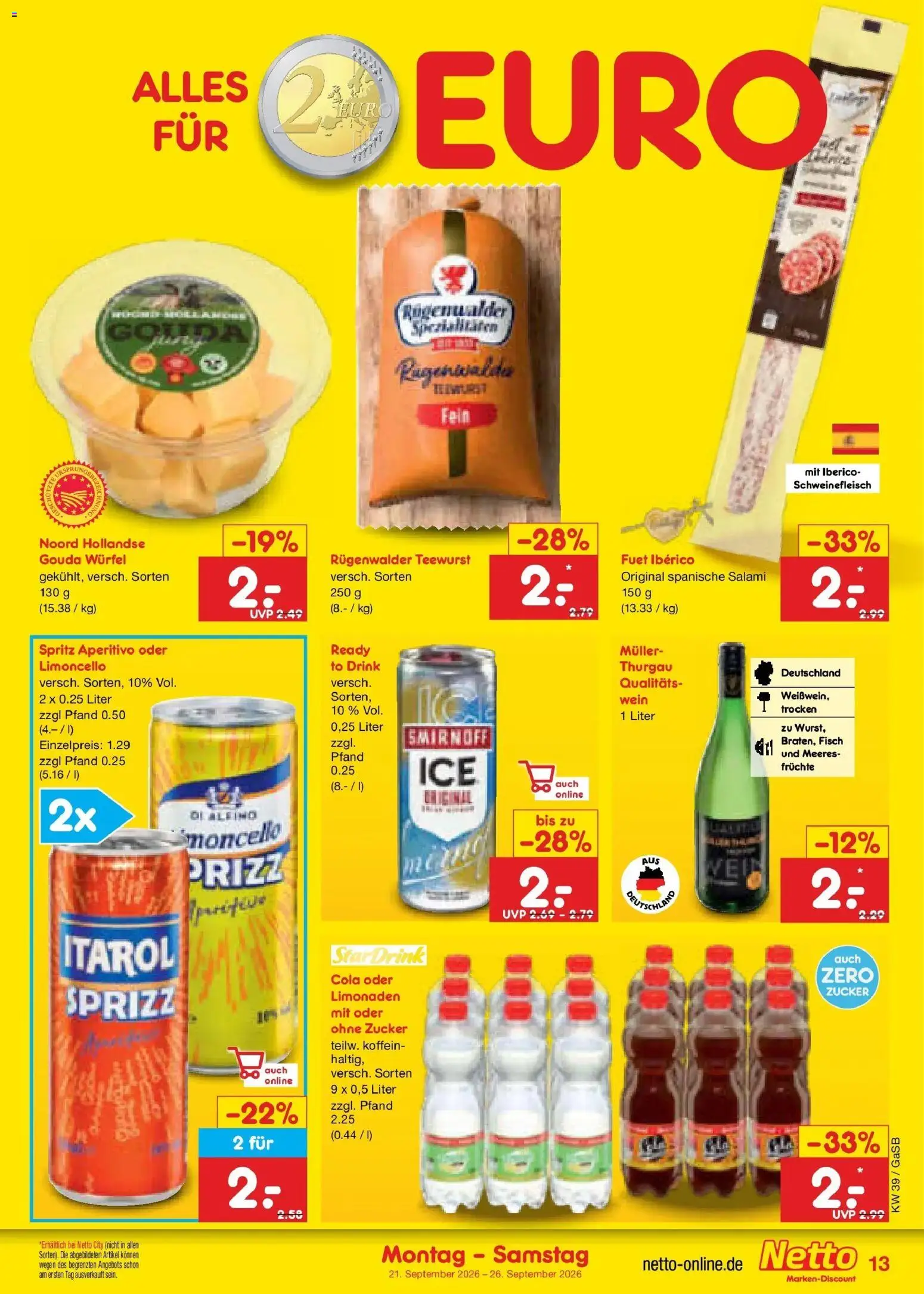 Netto Marken-Discount Prospekt Oldenburg – gültig ab 21.09.2026 | Seite: 21 | Produkte: Cola, Zucker, Salami, Wein