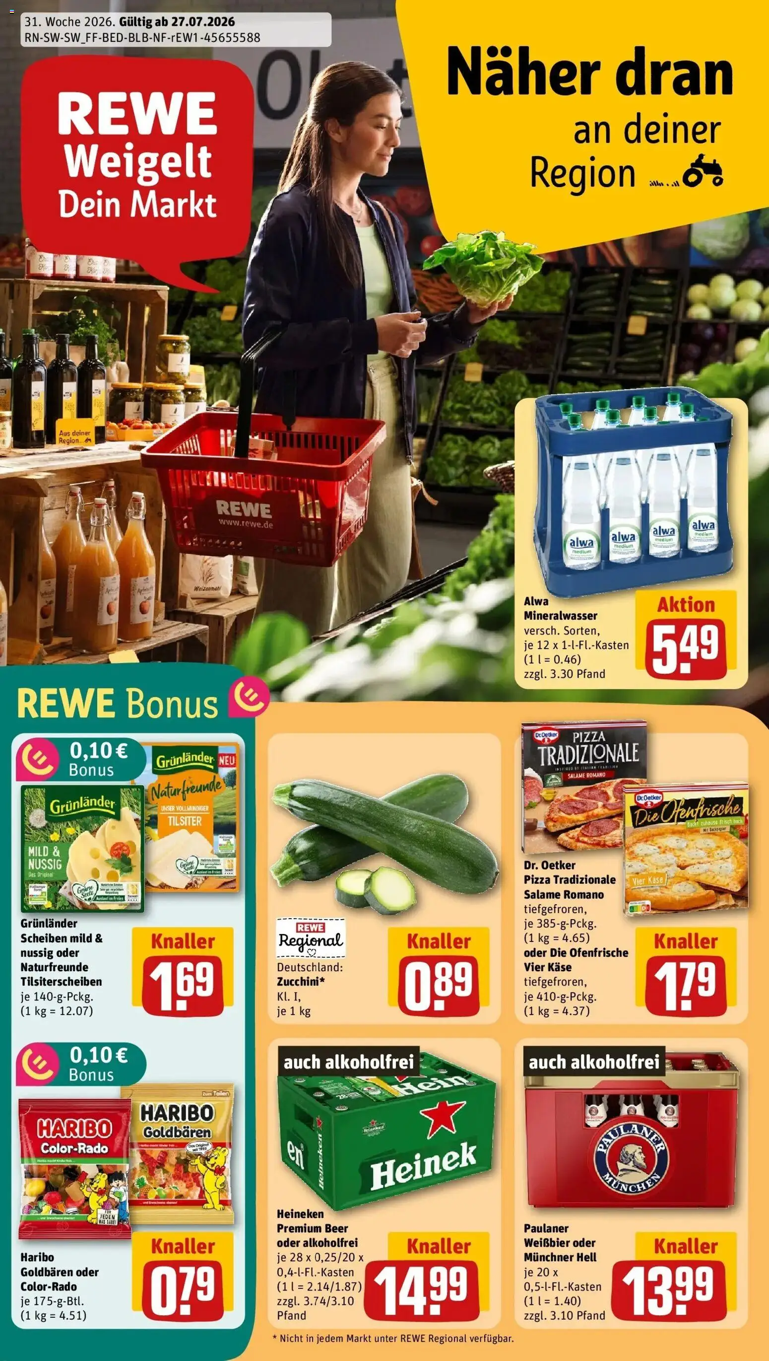 Rewe Prospekt Sachsenheim – gültig ab 27.07.2026 | Seite: 1 | Produkte: Käse, Ofenfrische, Mineralwasser, Pizza