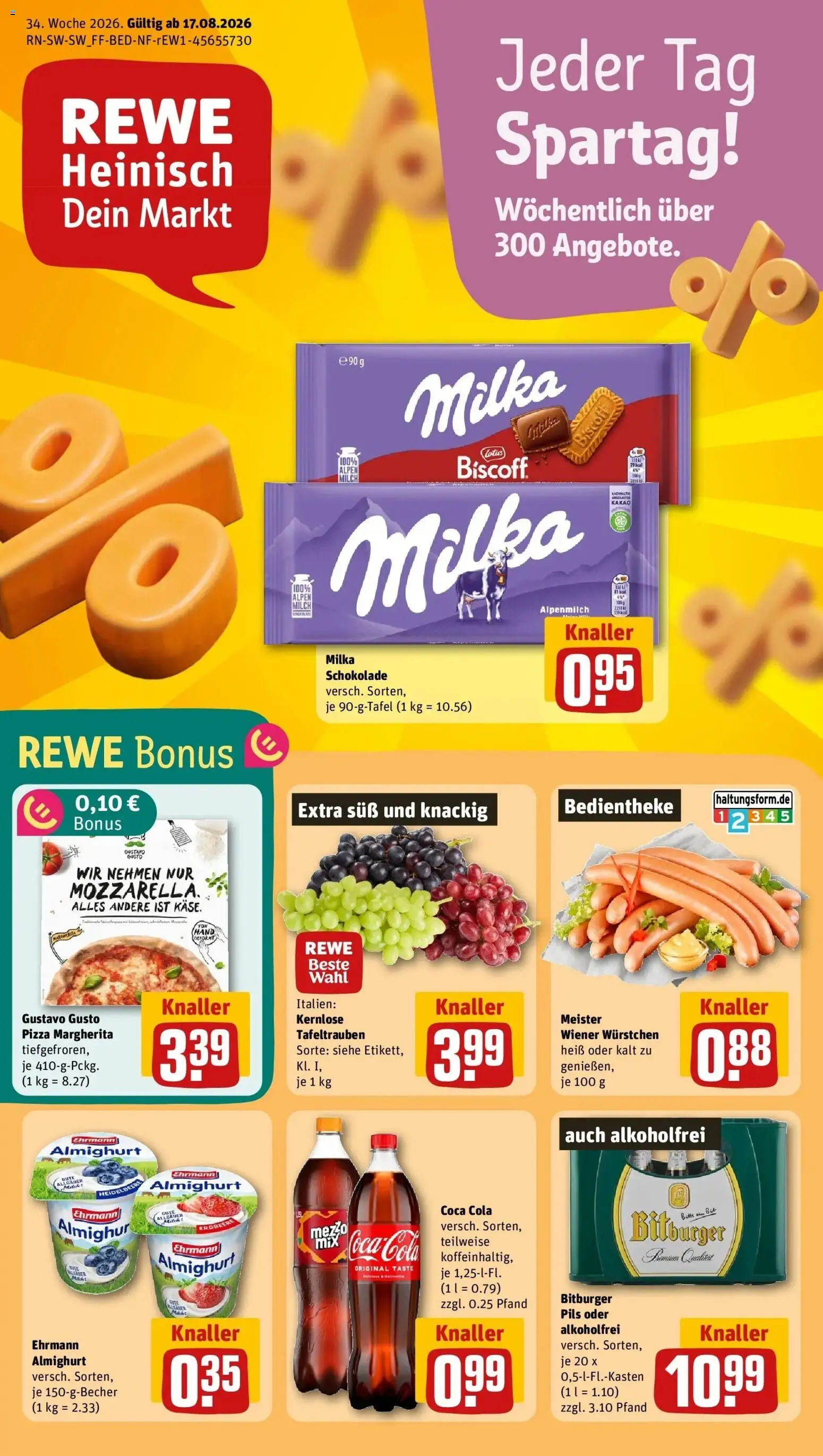 REWE Prospekt ab 17.08.2026 zum Blättern » Angebote | Seite: 1 | Produkte: Gustavo gusto, Ehrmann almighurt, Cola, Milch