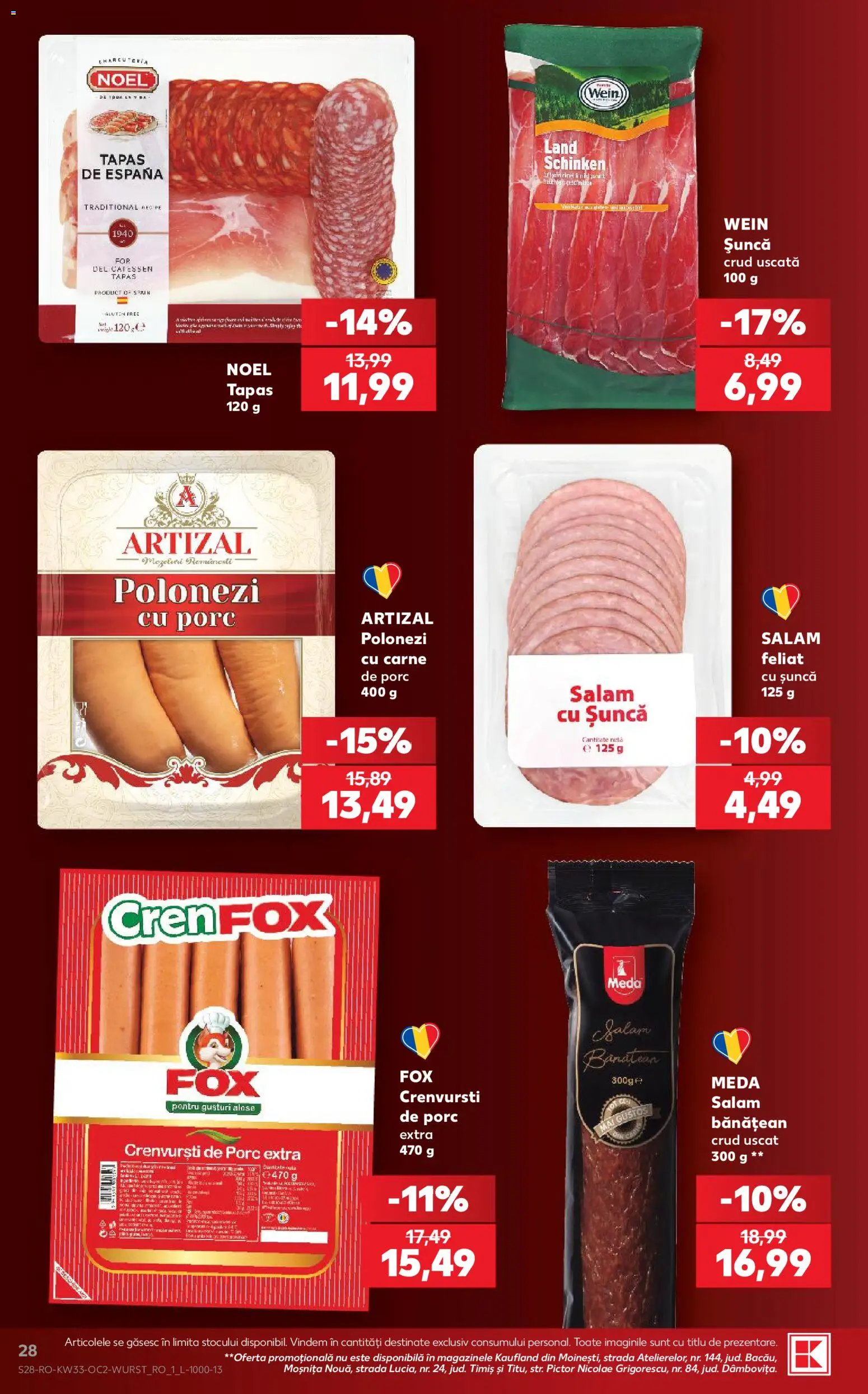 Noul catalog Kaufland – valabil de la 12.08.2026 | Pagină: 28 | Produse: Crenvurști, Salam, Șuncă