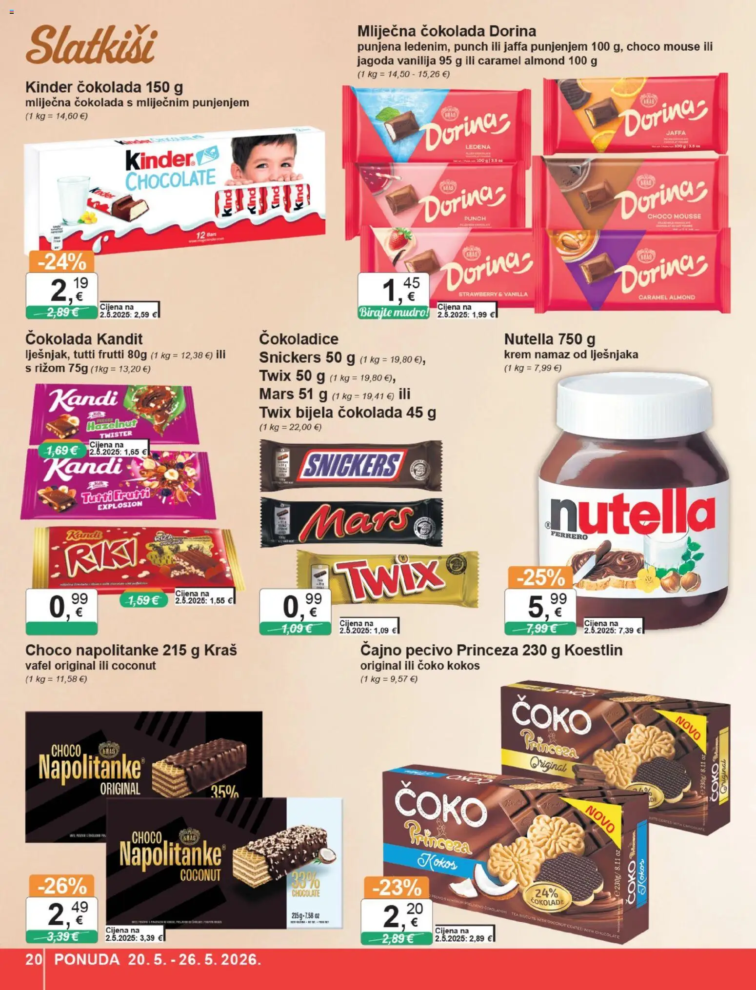 KTC katalog | vrijedi od 20.05.2026 | Stranica: 20 | Proizvodi: Nutella, Snickers, Namaz od lješnjaka, Pecivo