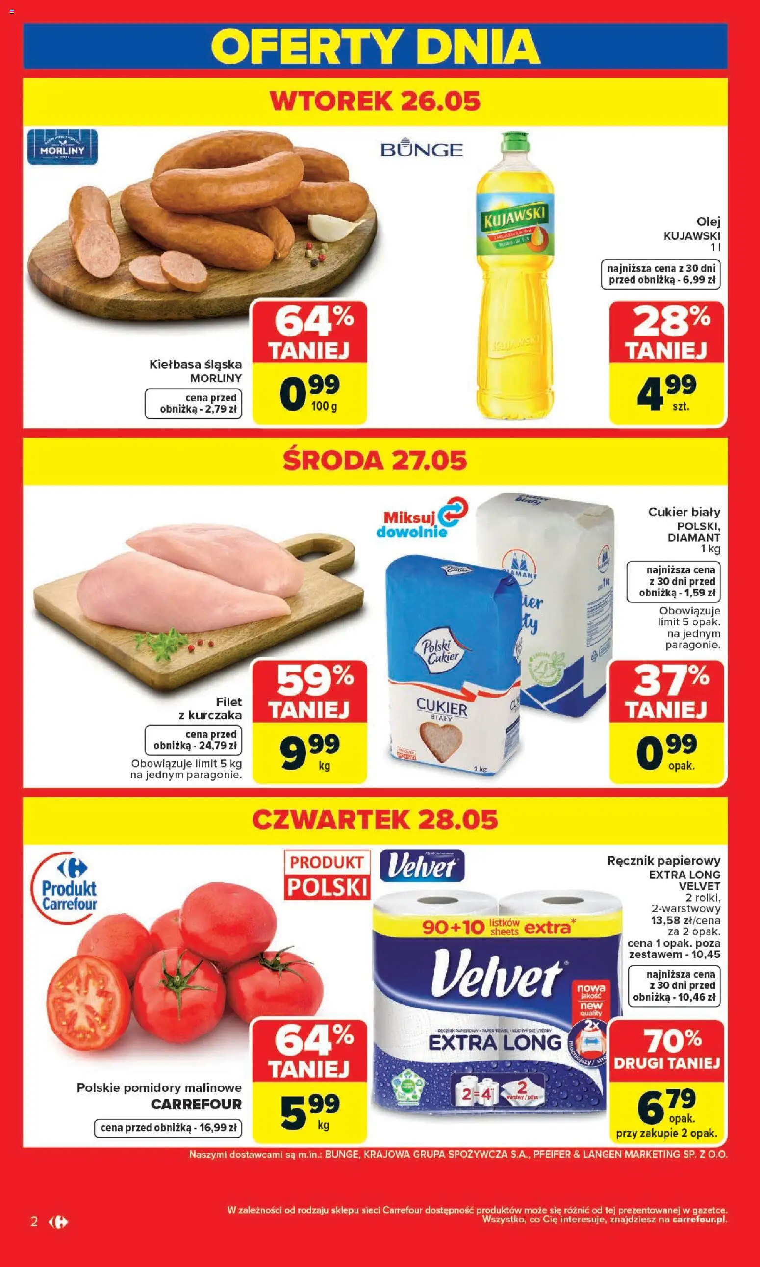 Carrefour gazetka - Zmieniliśmy Się Dla Ciebie od 25.05.2026 | Strona: 2 | Produkty: Kiełbasa śląska morliny, Cukier biały, Ręcznik papierowy, Cukier