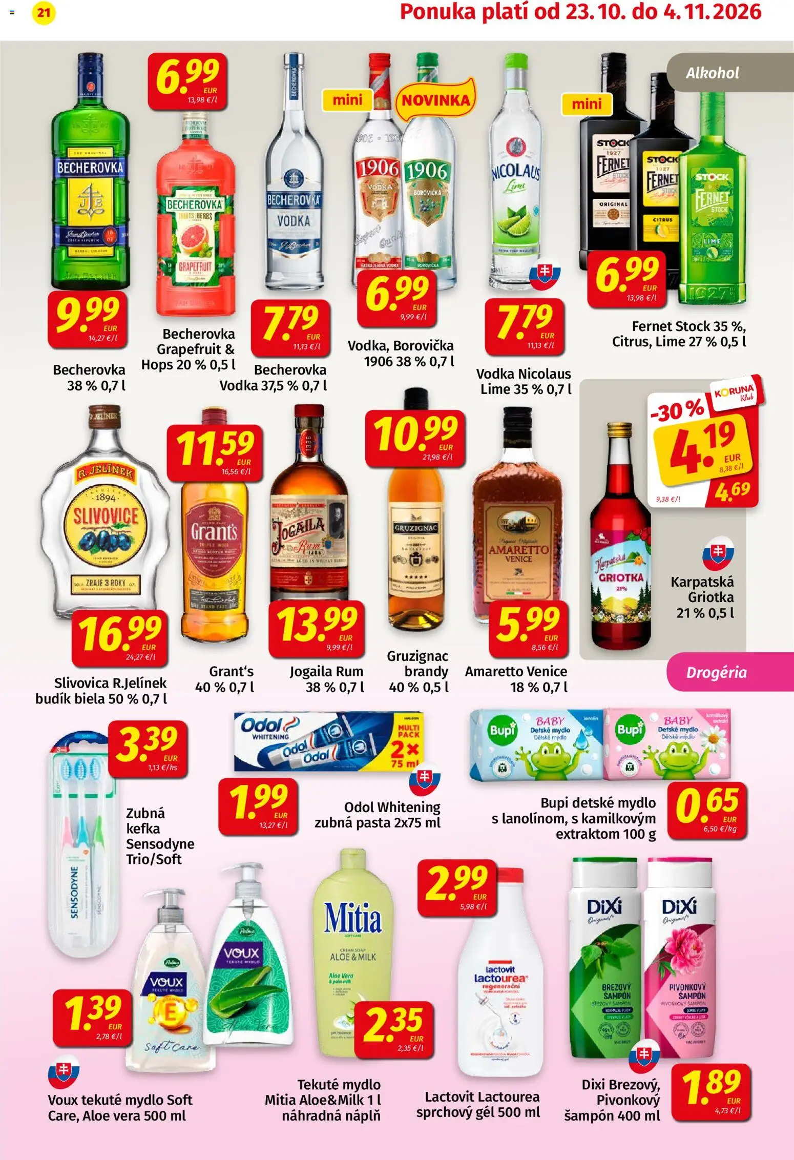 Nové Koruna akcie – leták je platný od 23.10.2026 | Strana: 21 | Produkty: Borovička, Mydlo, Sprchový gél, Whisky