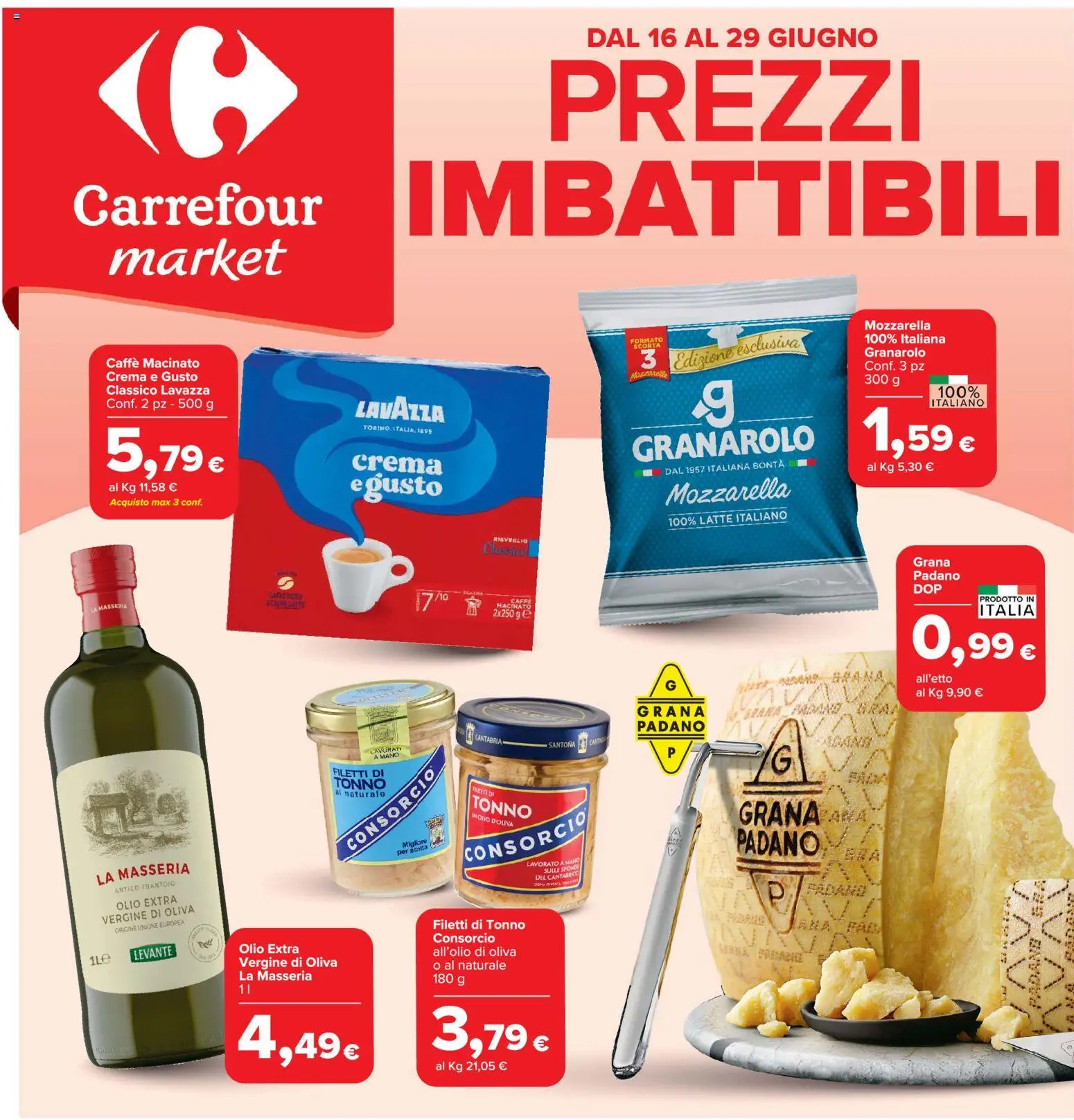 Volantino Carrefour del 16.06.2026 | Pagina: 1 | Prodotti: Crema, Latte, Tonno al naturale, Lavazza