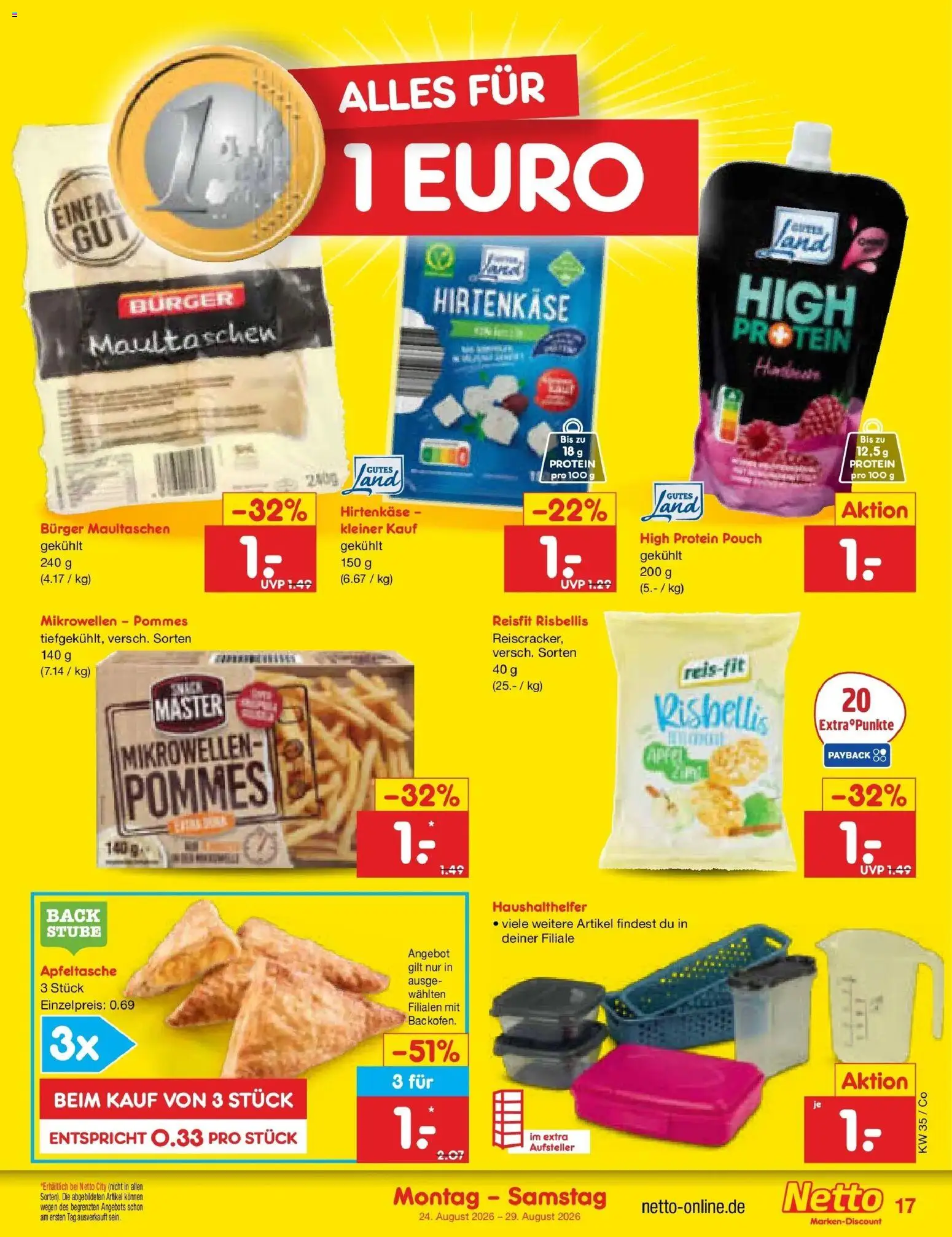 Netto Marken-Discount Prospekt Leipzig (ab 24.08.2026) » Angebote | Seite: 27 | Produkte: Pommes, Burger, Äpfel, Maultaschen