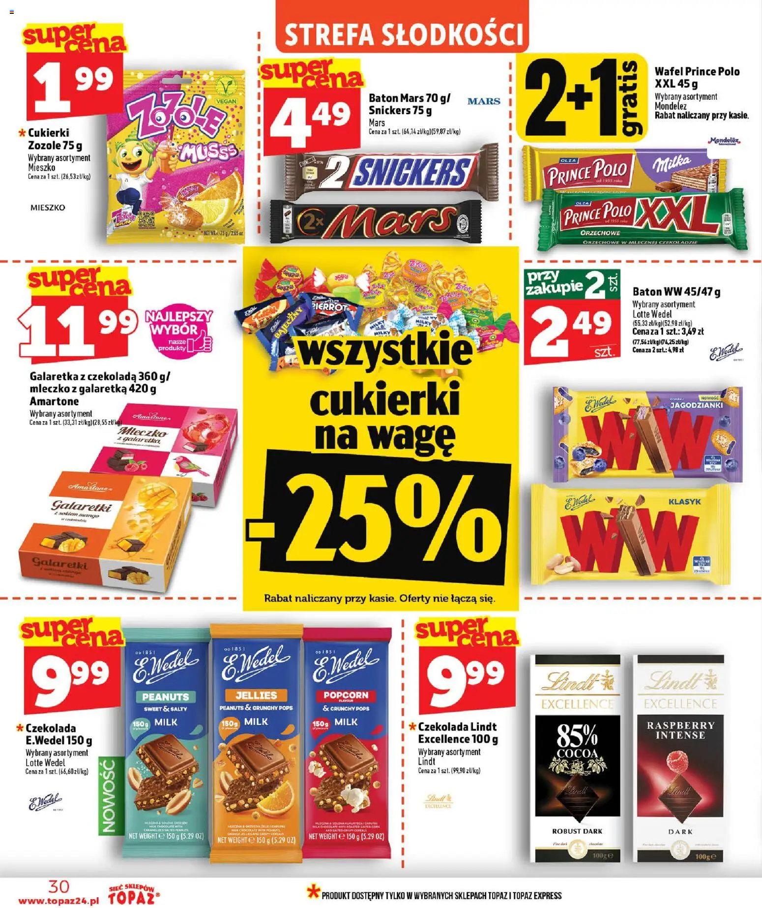 Topaz gazetka od 16.07.2026 | Strona: 30 | Produkty: Czekolada lindt, Galaretka, Prince polo, Cukierki