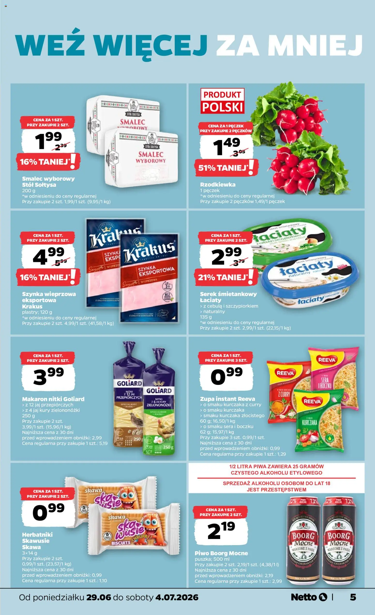 Netto gazetka od poniedziałku spożywcza od 29.06.2026 | Strona: 5 | Produkty: Cream cheese, Serek, Szynka, Piwo