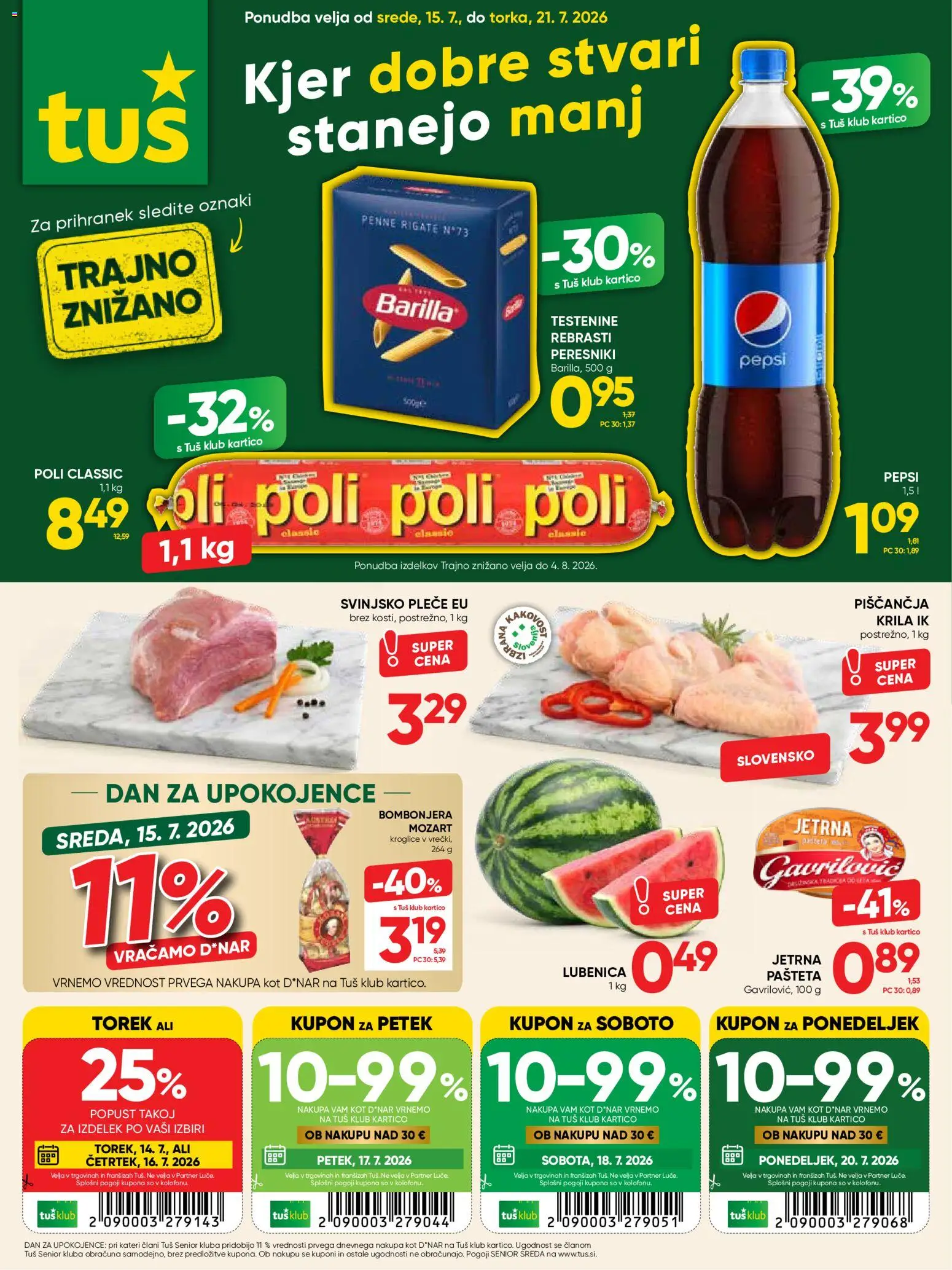 Novi Tuš katalog ponudbe – veljaven od 15.07.2026 | Stran: 1 | Izdelki: Lubenica, Barilla, Pašteta, Testenine