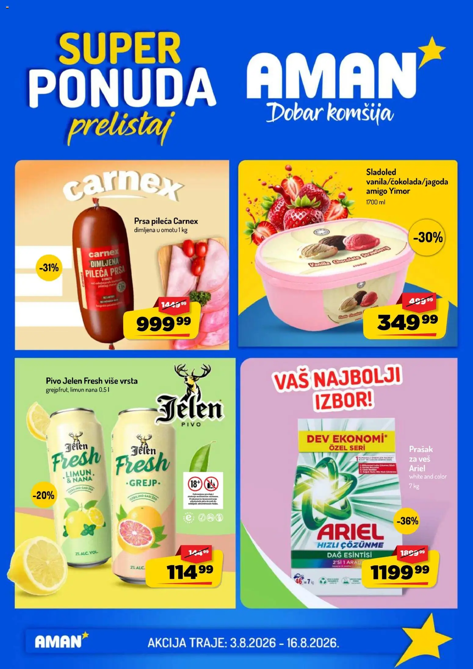 Aman katalog - važi od 03.08.2026 | Strana: 1 | Proizvode: Ariel, Pivo, Limun, Prašak za veš