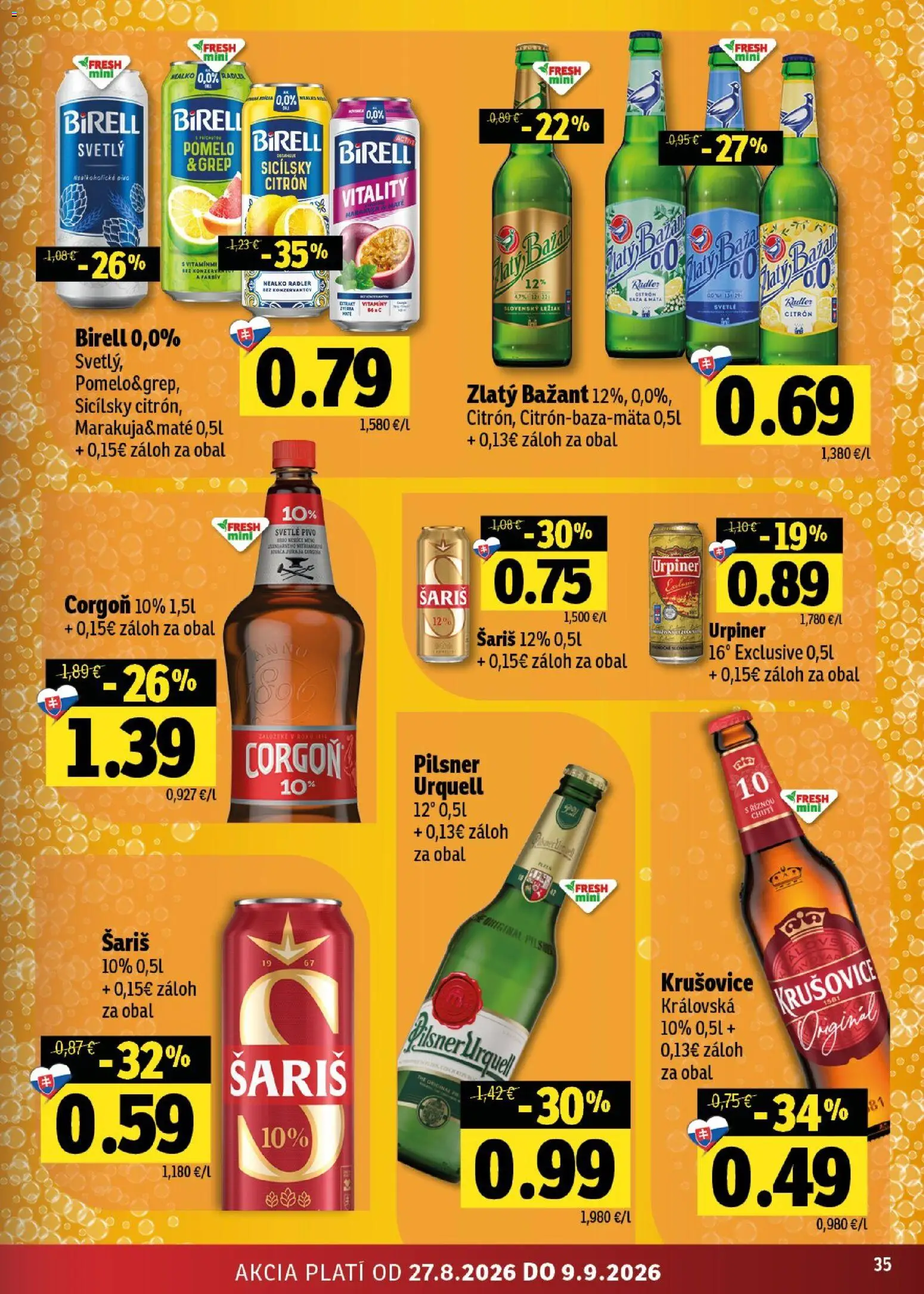 Nové Fresh akcie – leták je platný od 27.08.2026 | Strana: 35 | Produkty: Birell, Krušovice, Zlatý Bažant, Pomelo