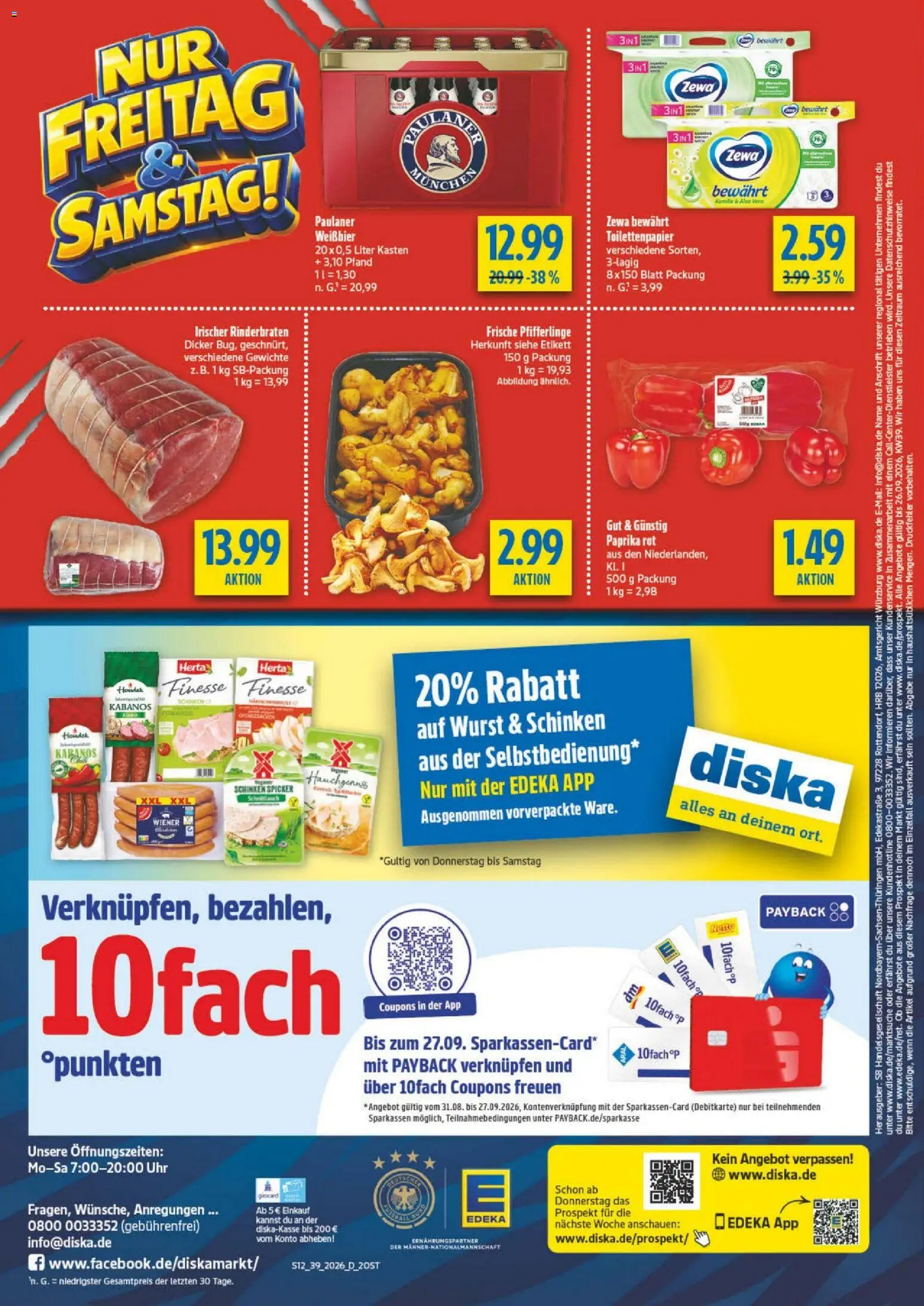 Diska Prospekt – gültig ab 21.09.2026 | Seite: 16 | Produkte: Rinderbraten, Weißbier, Wurst, Paulaner