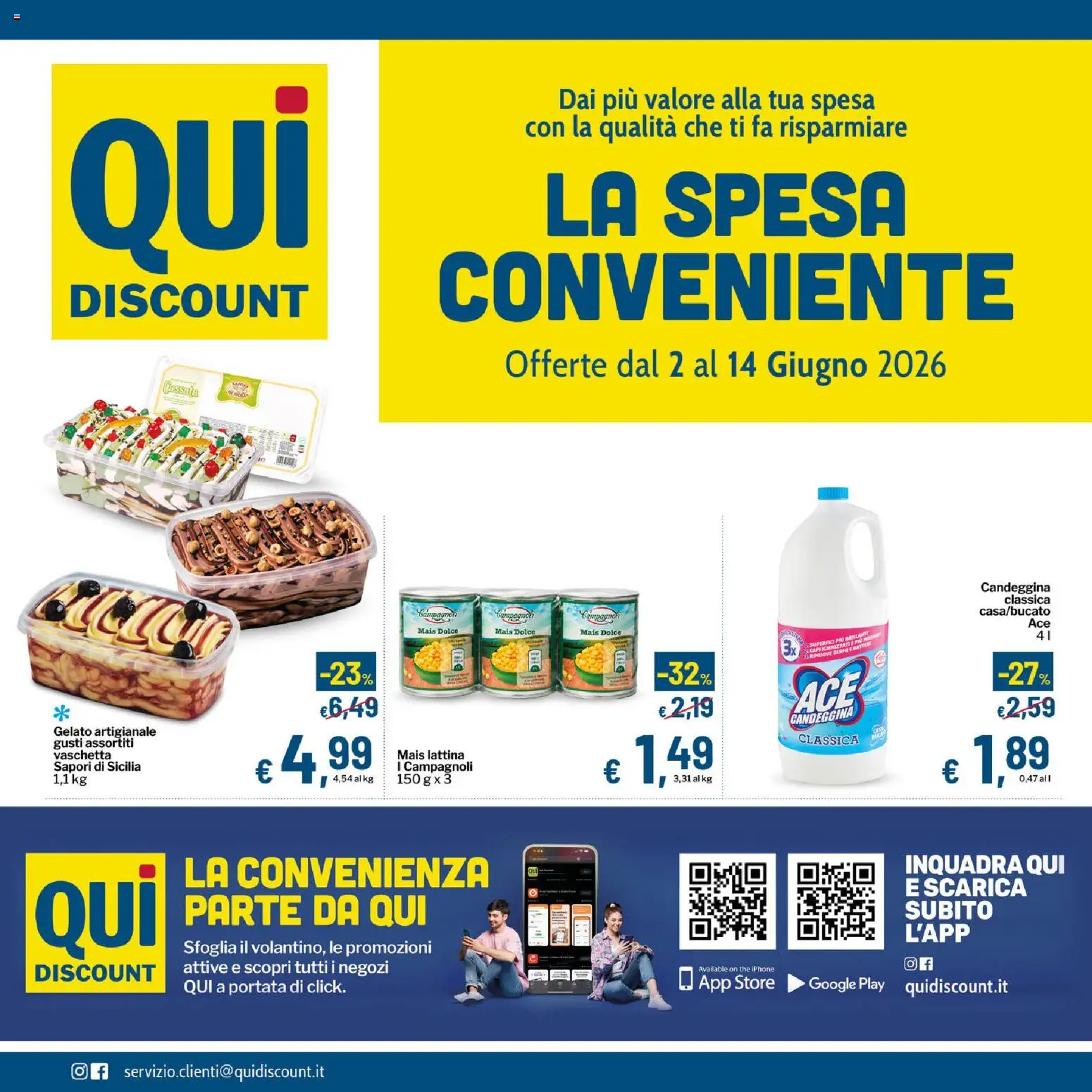 Volantino Qui Discount del 02.06.2026 | Pagina: 1 | Prodotti: Iphone, Candeggina, The, Mais