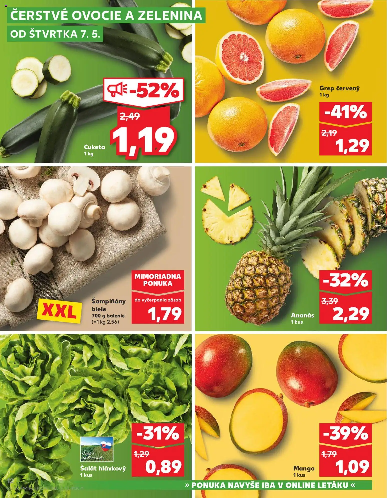 Nové Kaufland akcie – leták je platný od 07.05.2026 | Strana: 12 | Produkty: Ananás, Mango, Cuketa, Grep