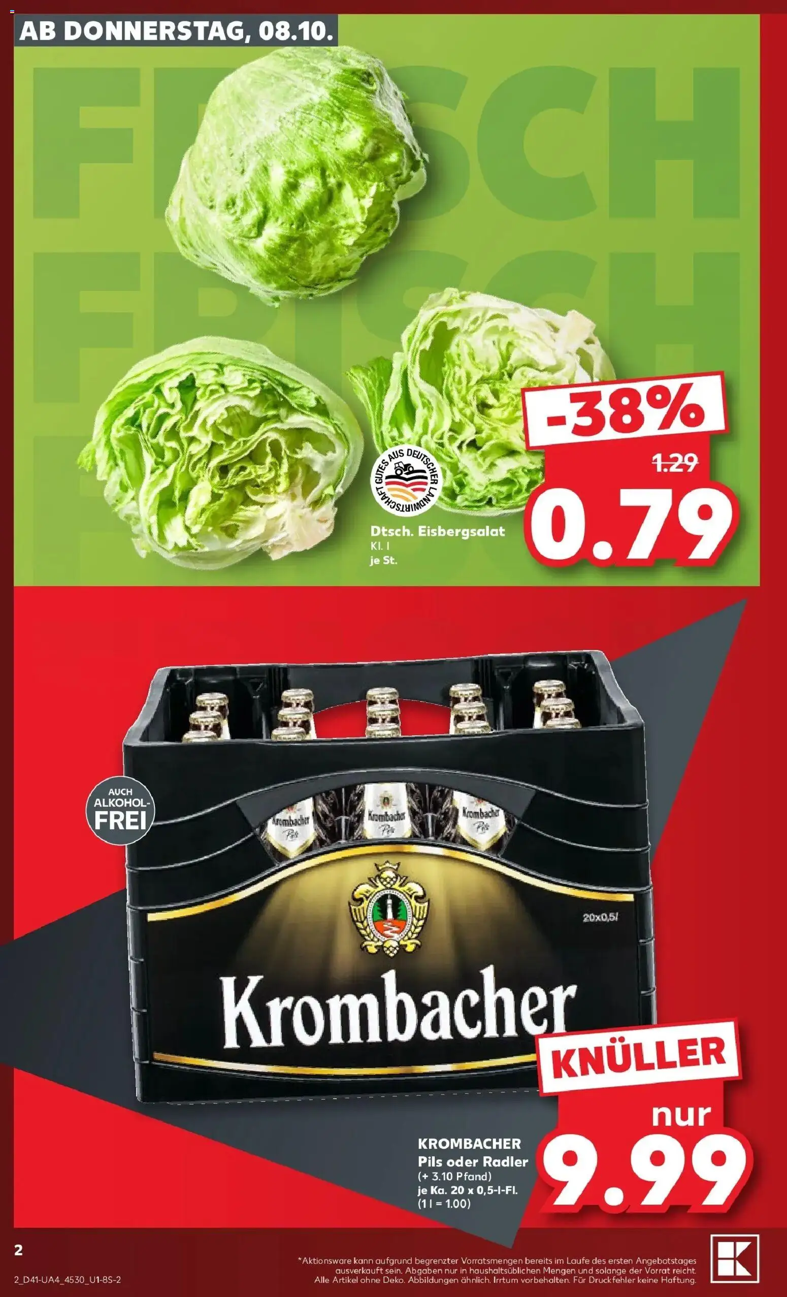 Prospekt Kaufland ab 08.10.2026 » Angebote Online zum Blättern | Seite: 2 | Produkte: Eisbergsalat, Radler, Alkohol, Krombacher