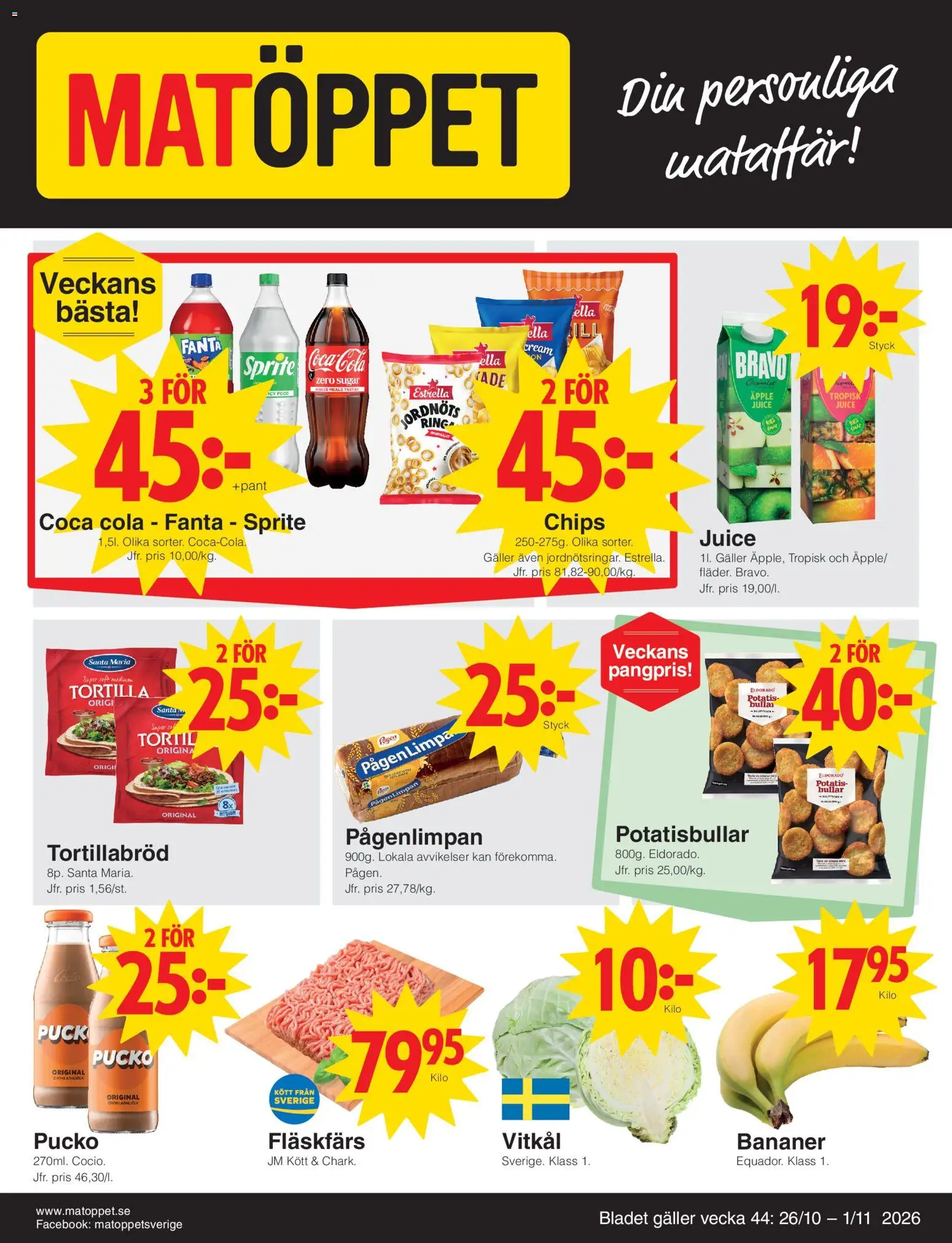 Matöppet reklamblad aktuell från 26/10/2026 | Sida: 1 | Produkter: Chips, Vitkål, Coca cola, Ring