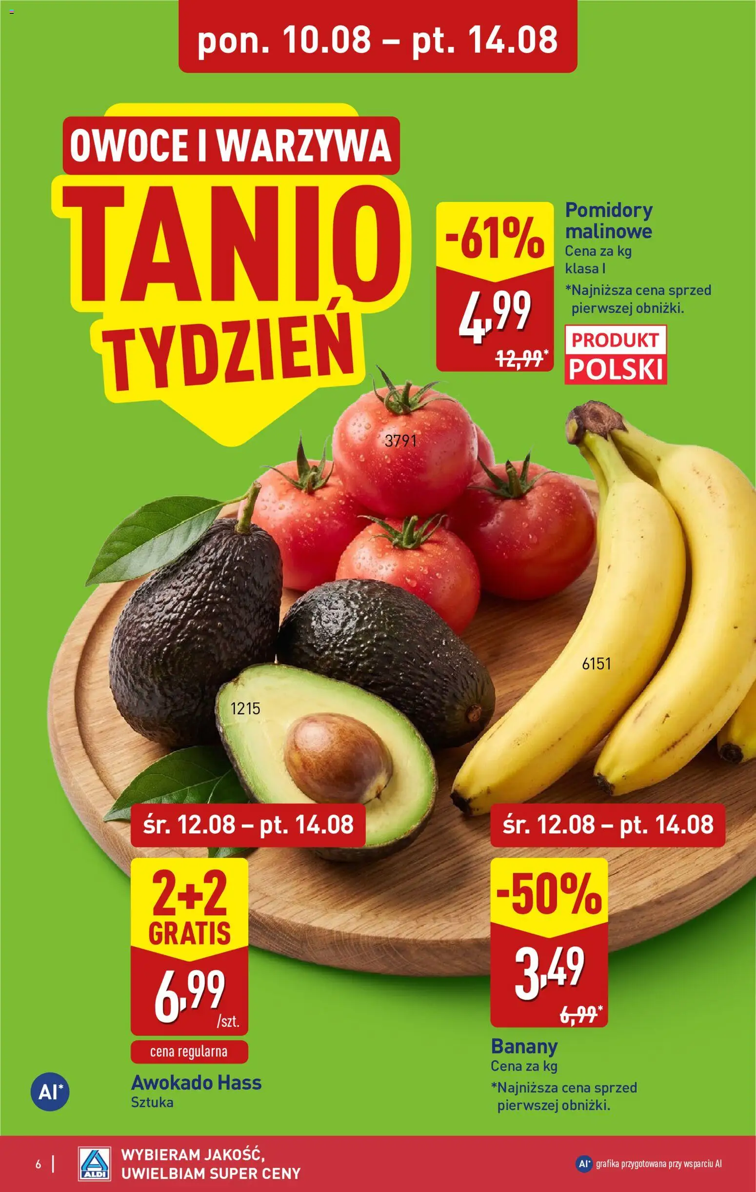 Aldi gazetka od 10.08.2026 | Strona: 6 | Produkty: Pomidory, Banany, Awokado, Owoce