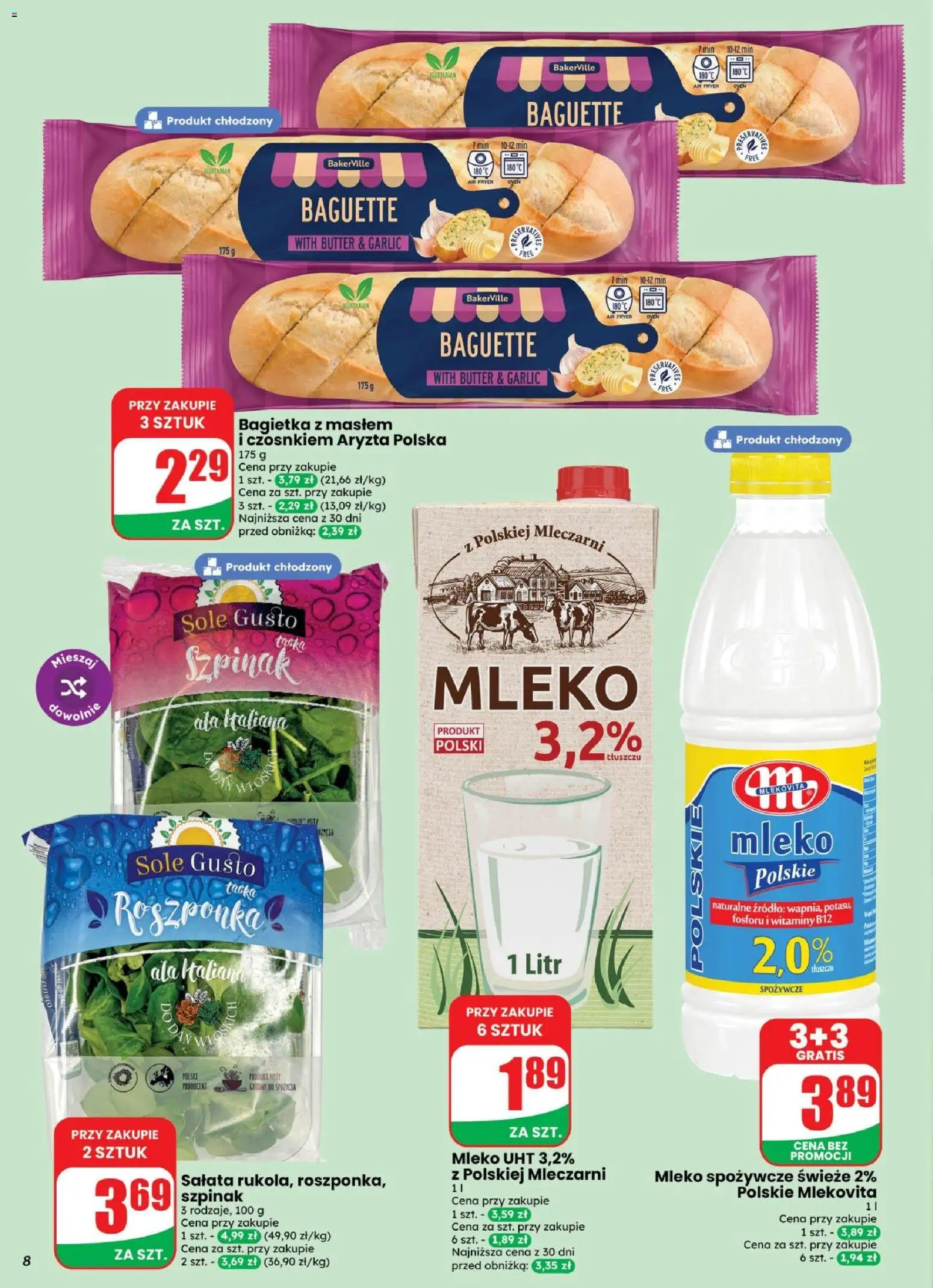 Dino gazetka - Weekendowe Okazje od 21.08.2026 | Strona: 8 | Produkty: Szpinak, Bagietka, Mleko, Mleko UHT