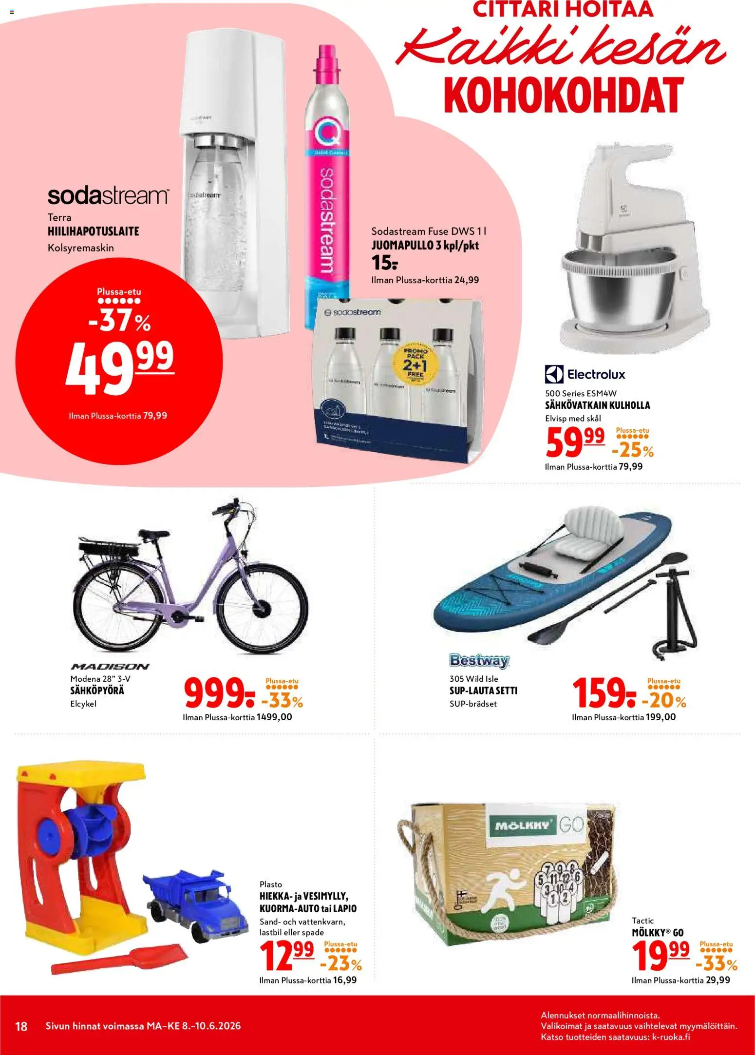 K-Citymarket tarjoukset – voimassa 08.06.2026 alkaen | Sivu: 18 | Tuotteet: Sähköpyörä, Sähkövatkain, Sodastream, Hiilihapotuslaite
