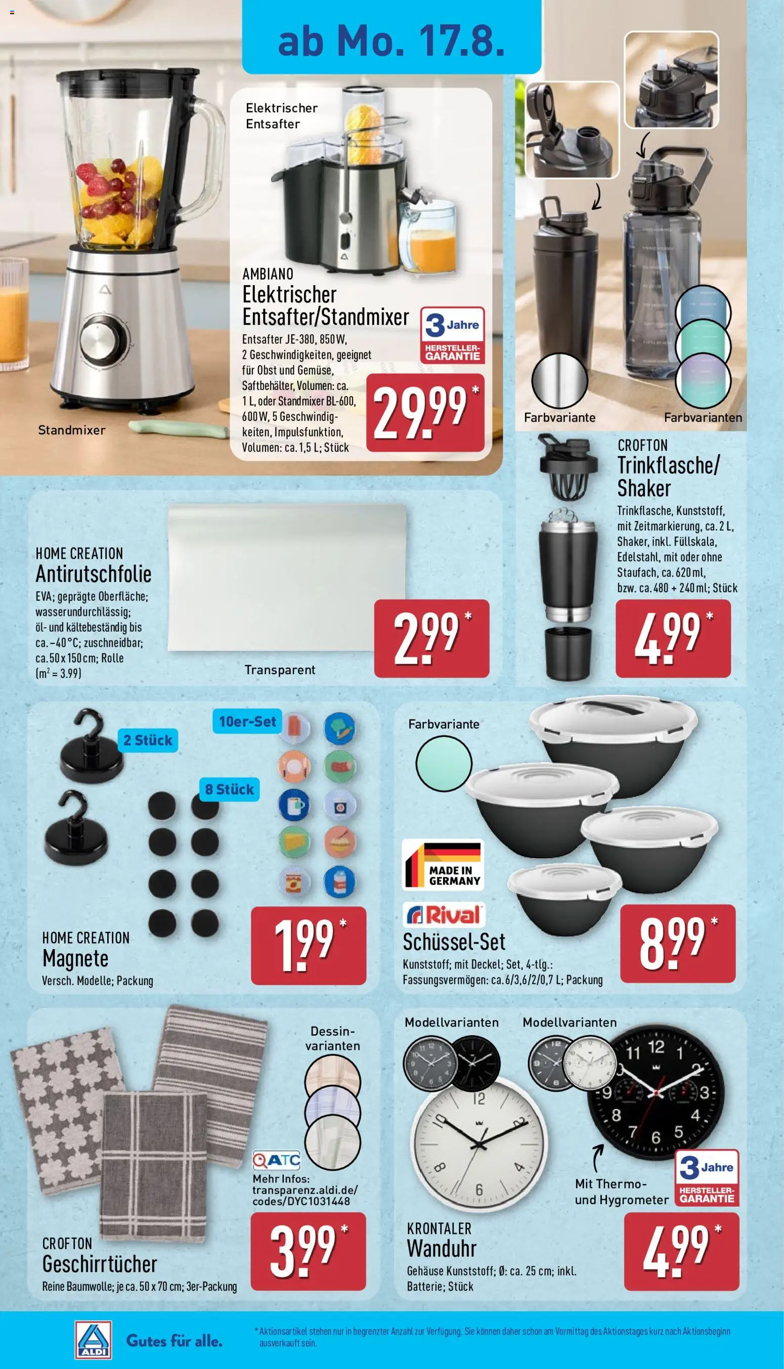Aldi Prospekt – gültig ab 17.08.2026 | Seite: 3 | Produkte: Mixer, Entsafter, Öl, Home creation