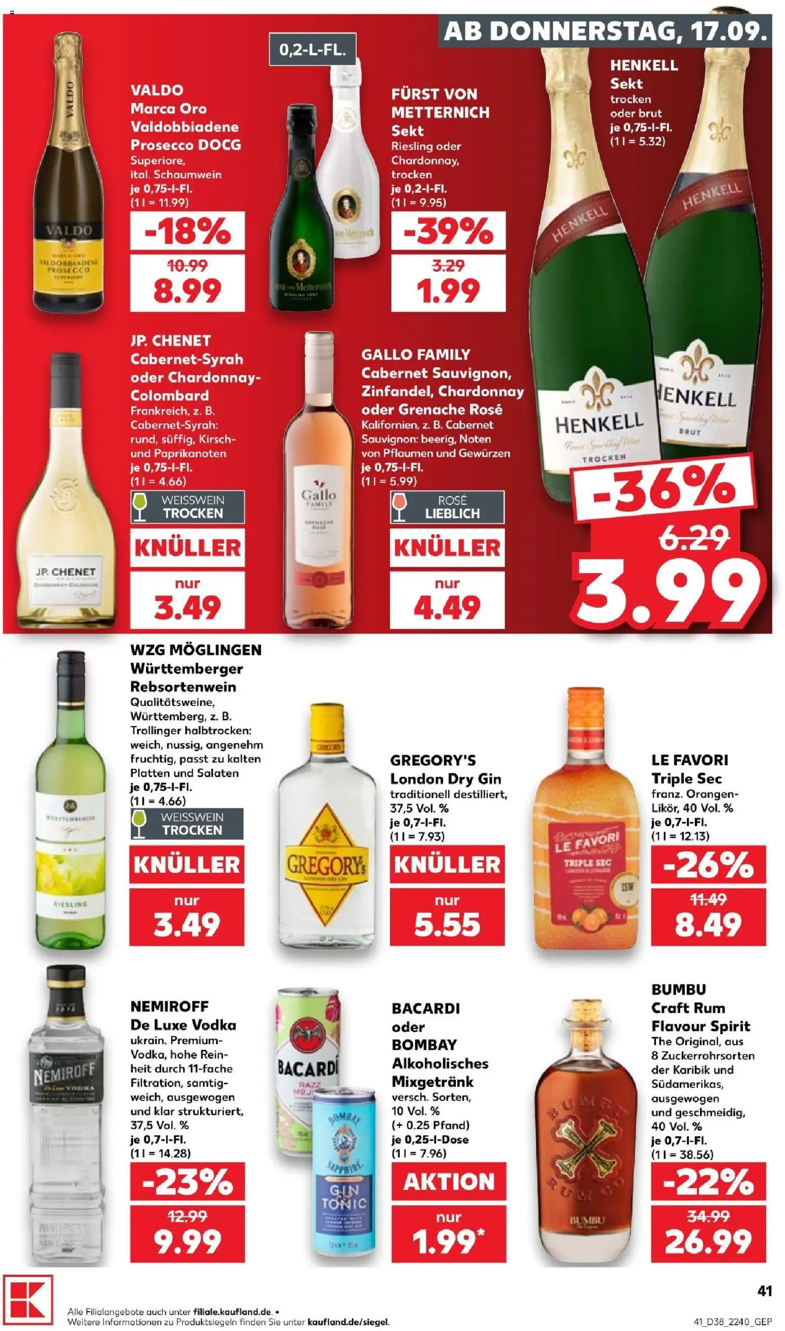 Kaufland Prospekt Speyer – gültig ab 17.09.2026 | Seite: 41 | Produkte: Bacardi, Orangen, Vodka, Gin