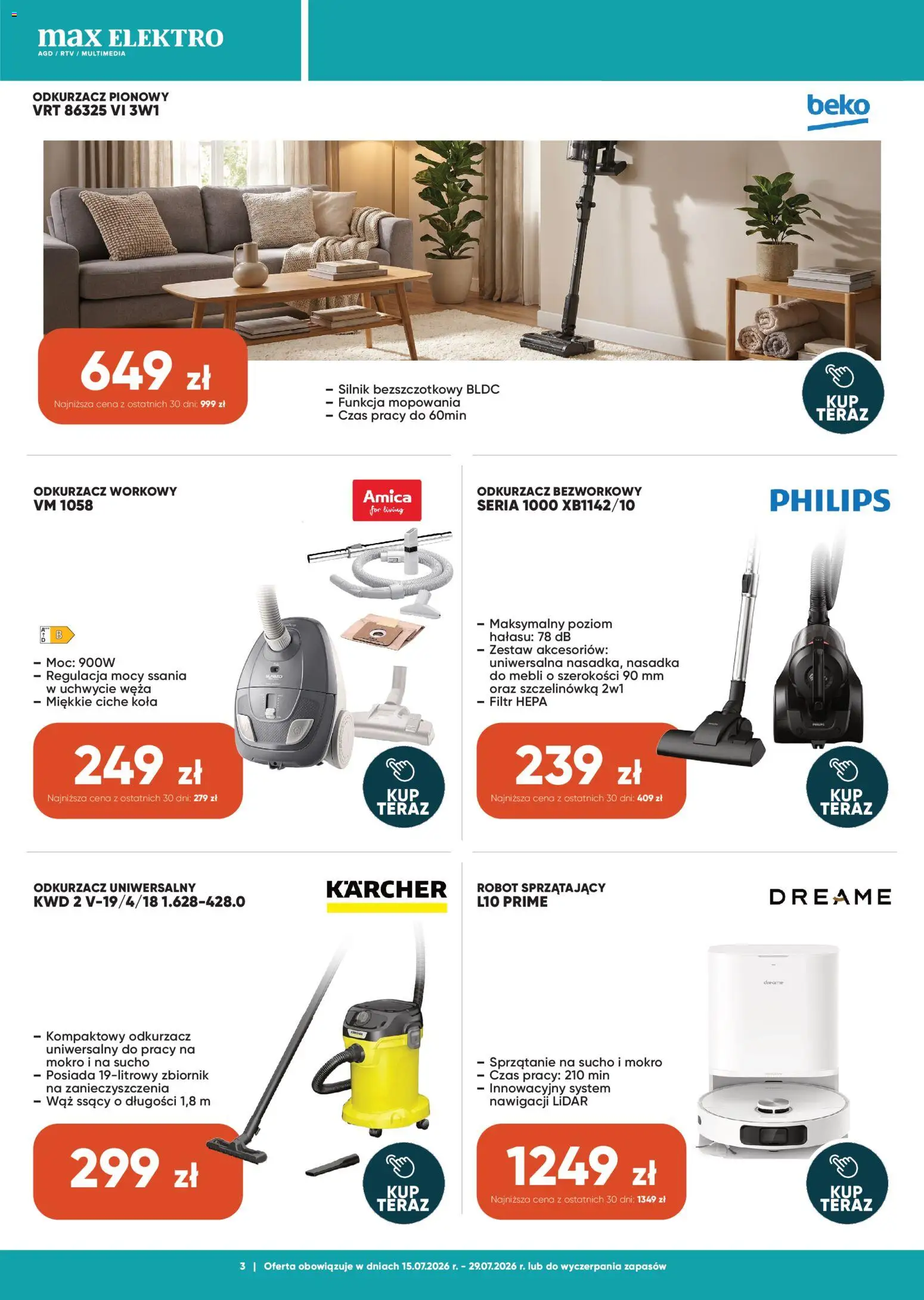Max elektro gazetka od 15.07.2026 | Strona: 3 | Produkty: Odkurzacz, Robot, Odkurzacz pionowy, Robot sprzątający