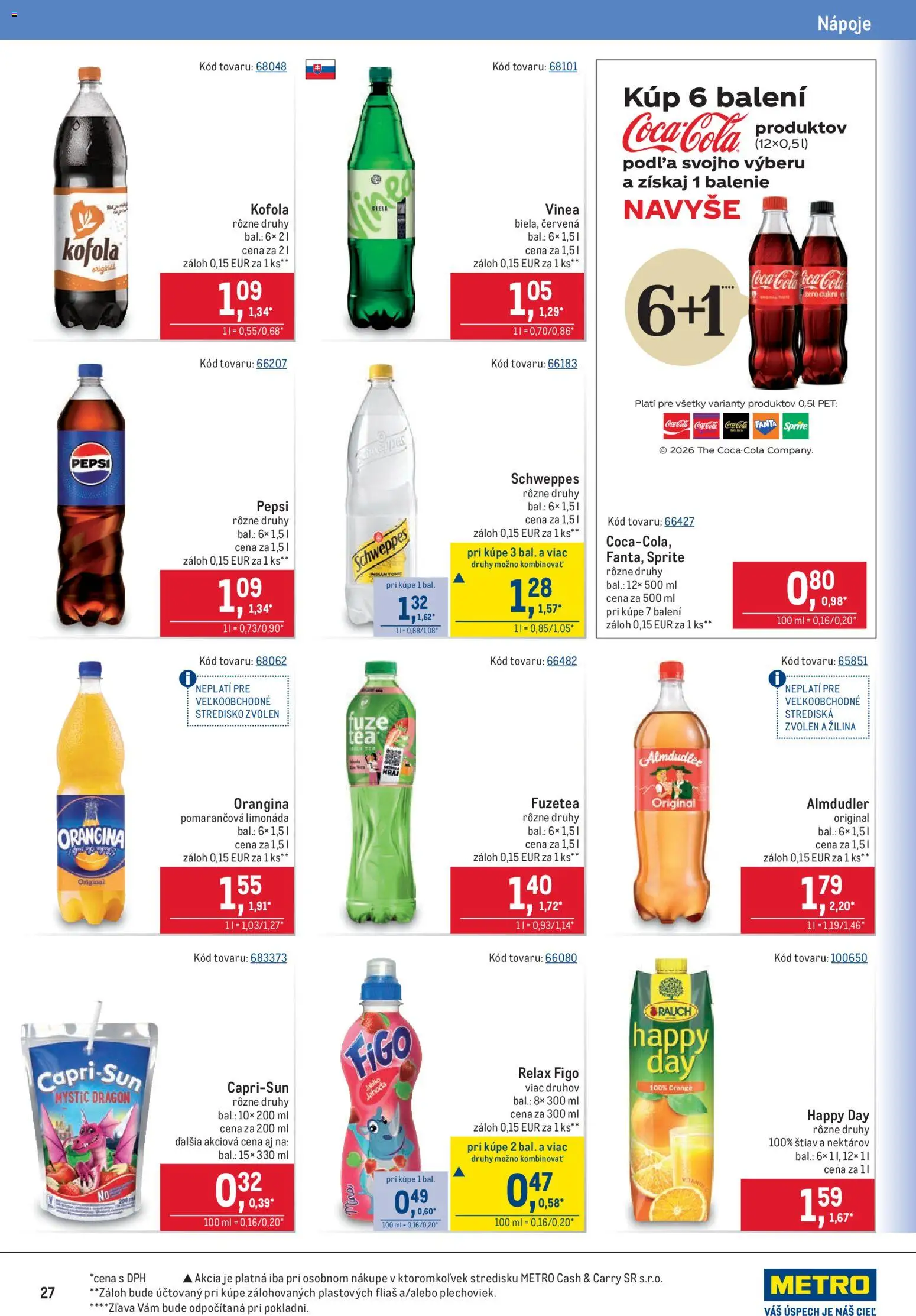 Nové Metro akcie – leták je platný od 15.07.2026 | Strana: 27 | Produkty: Kofola, Fanta, Pepsi, Vinea