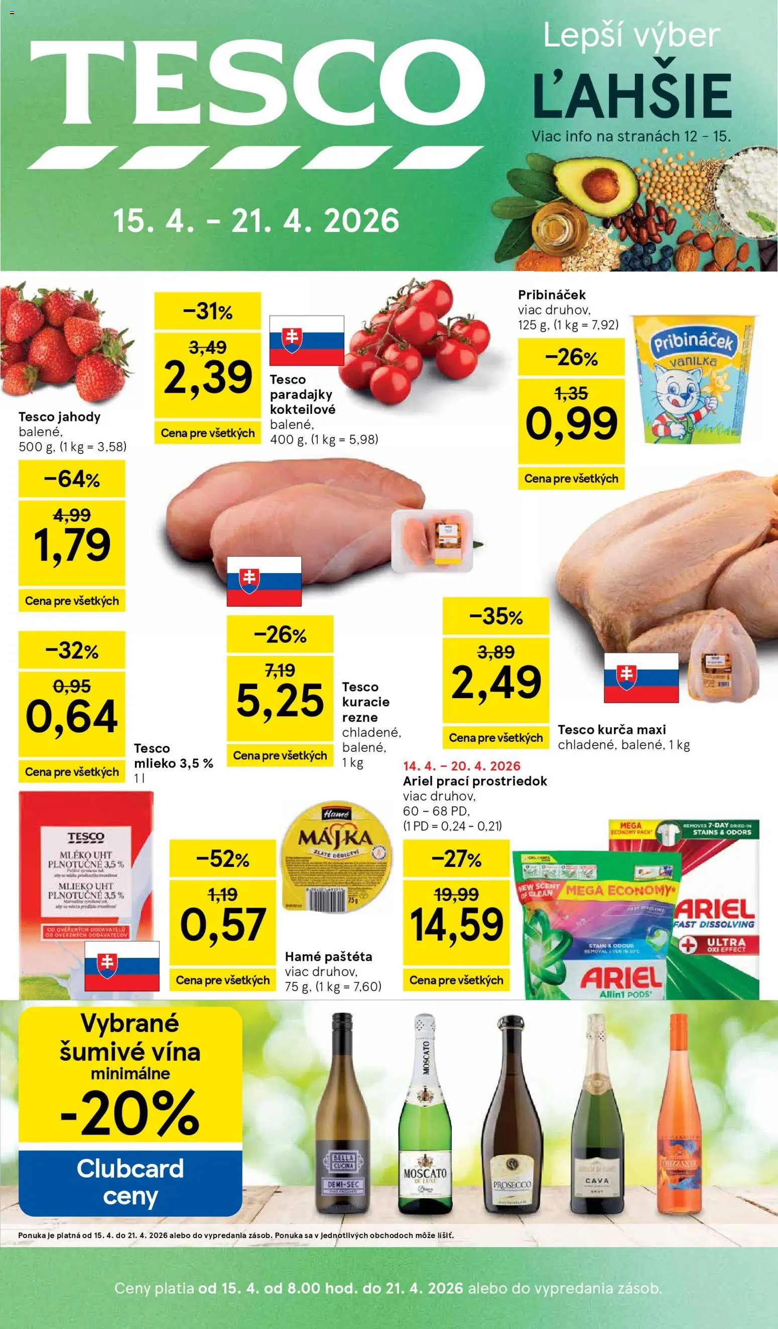 Nové Tesco akcie – leták je platný od 15.04.2026 | Strana: 1 | Produkty: Mlieko, Prosecco, Kuracie rezne, Jahody
