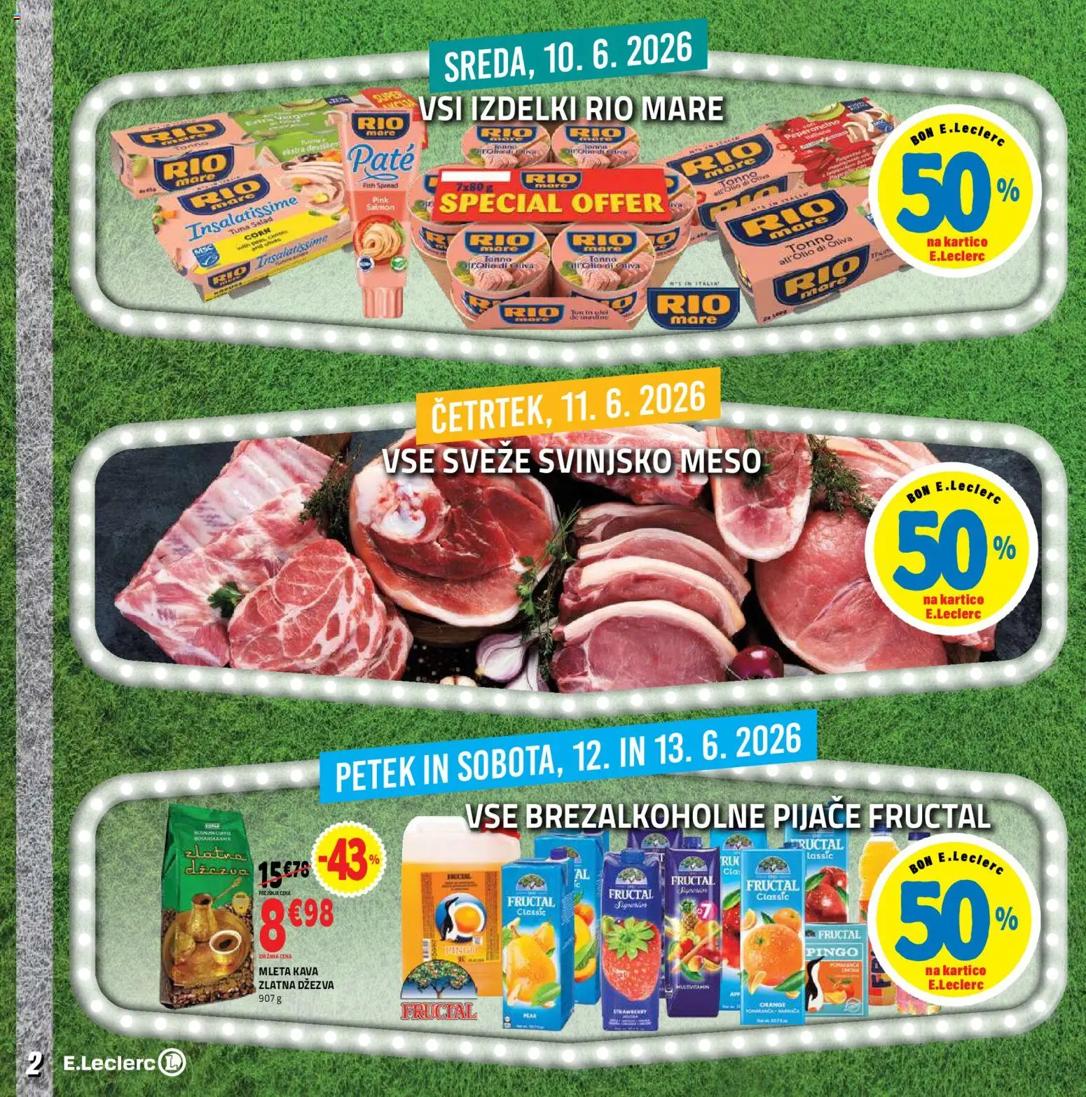 Novi E.leclerc katalog ponudbe – veljaven od 10.06.2026 | Stran: 2 | Izdelki: Tuna, Kava, Svinjsko meso