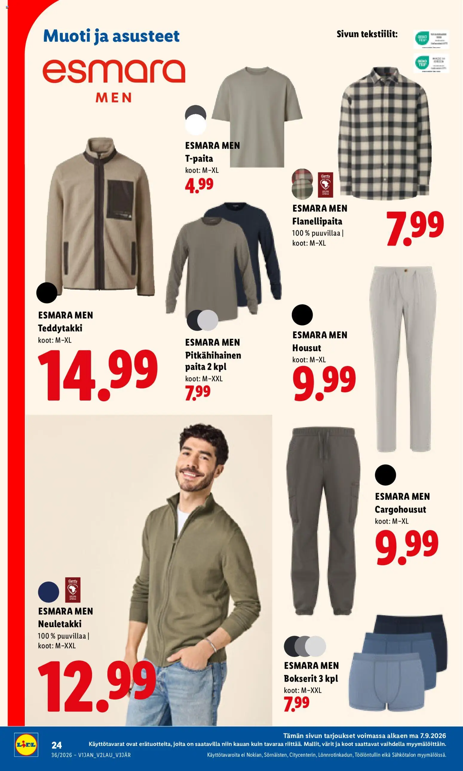 Lidl tarjoukset – voimassa 07/09/2026 alkaen | Sivu: 10 | Tuotteet: Neuletakki, T-paita, Housut, Bokserit