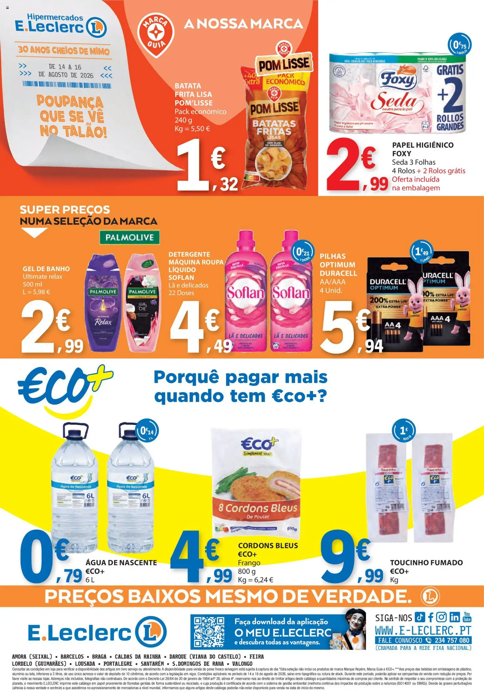 E.Leclerc Catálogo Fim de Semana │ válido de 14/08/2026 | Página: 4 | Produtos: Papel higiénico, Bebidas, Gel de banho, Pilhas