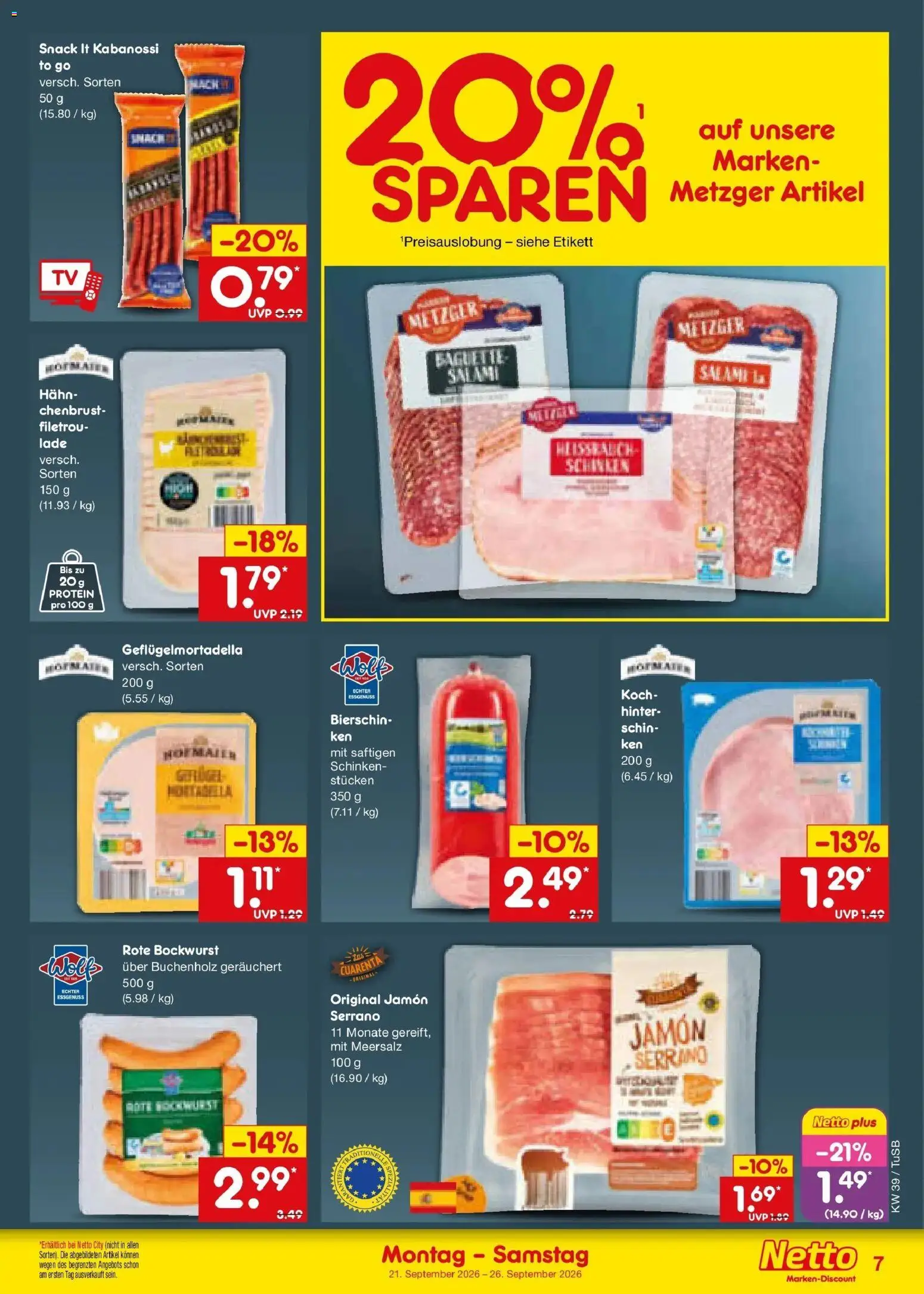 Netto Marken-Discount Prospekt Sindelfingen – gültig ab 21.09.2026 | Seite: 11 | Produkte: Baguette, Salami, Schinken, TV