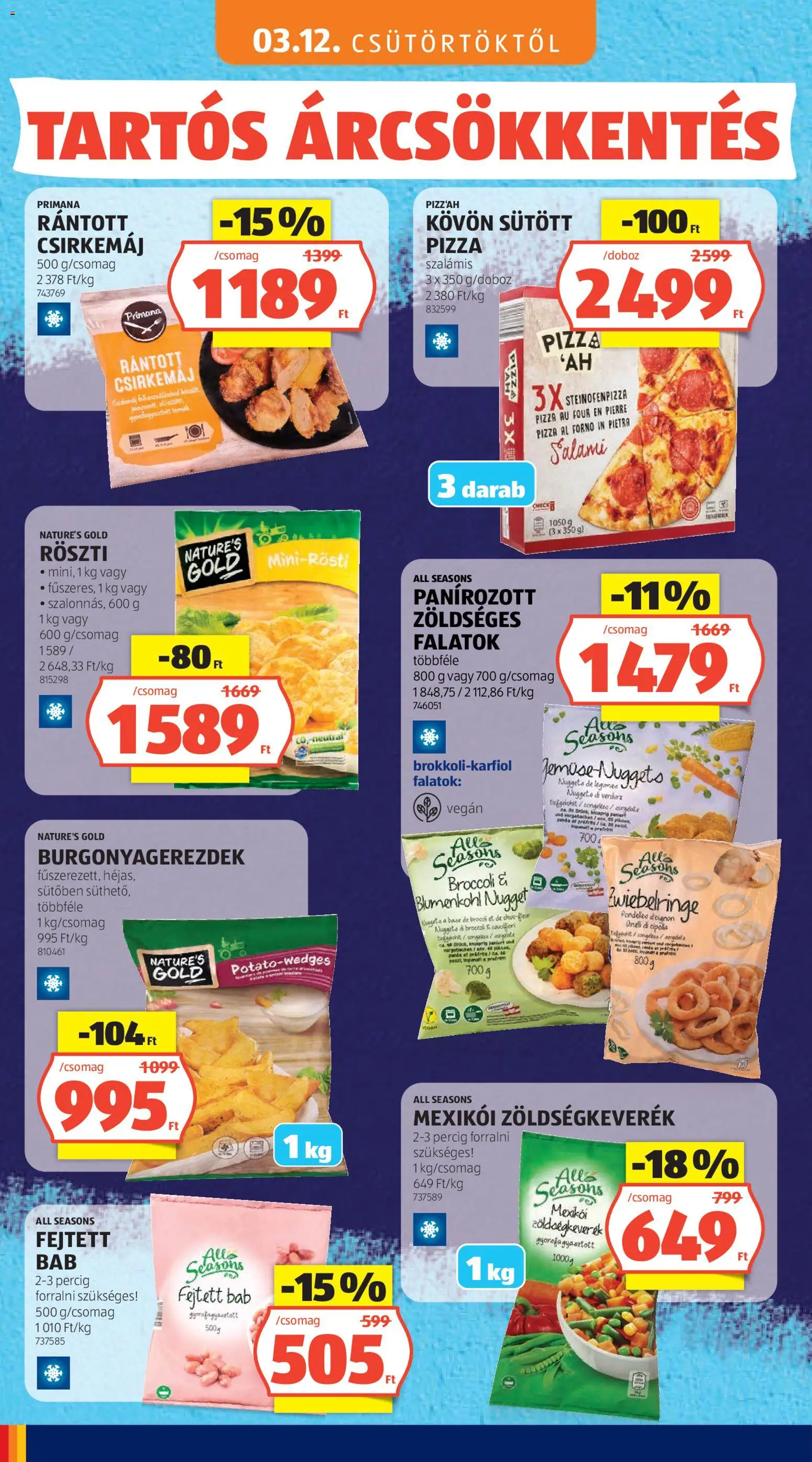 Aldi akciós ujság - amely érvényes a következő dátumtól: 03.05.2026 | Oldal: 40 | Termékek: Zöldségkeverék, Nuggets, Csirkemáj, Pizza