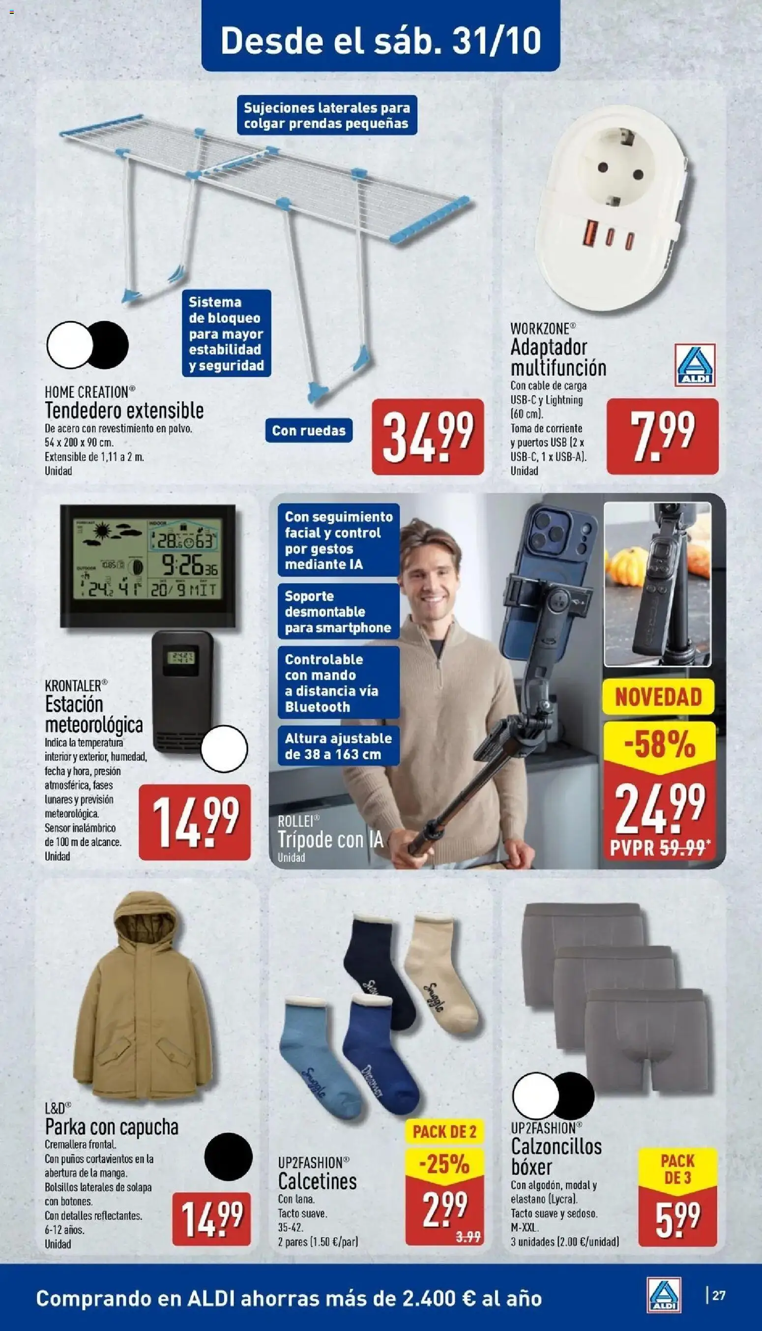 Aldi - Qué poco cuesta comprar bien │ válido desde el 26/10/2026 | Página: 27 | Productos: Smartphone, Tendedero, Adaptador, USB