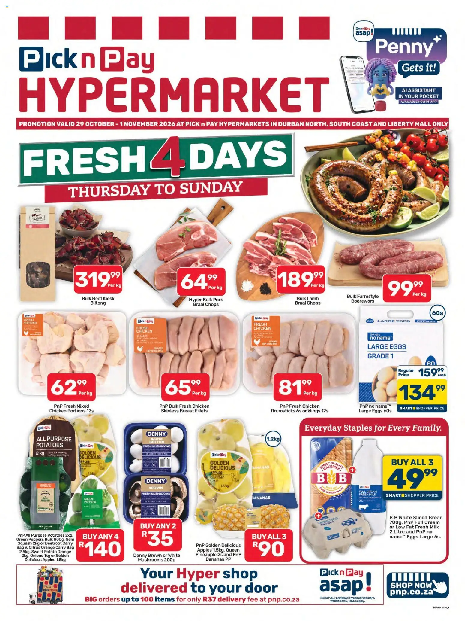 New Pick n Pay catalogue – valid from 29/10/2026 | Page: 1 | Products: Mushrooms, Boerewors, Chicken, Beef