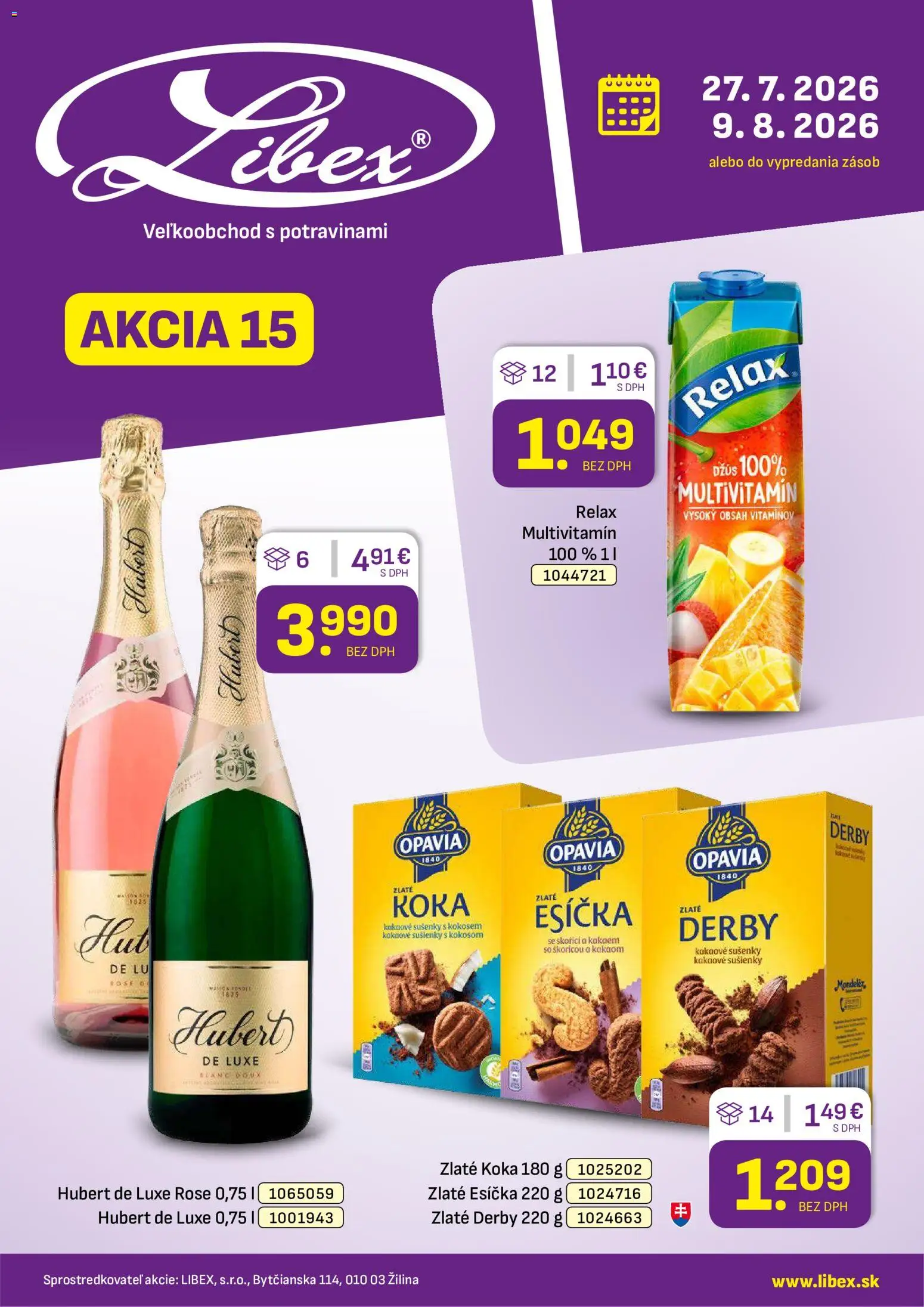 Nové Libex akcie – leták je platný od 27.07.2026 | Strana: 1 | Produkty: Multivitamín, Džús, Sušienky, Hubert de Luxe