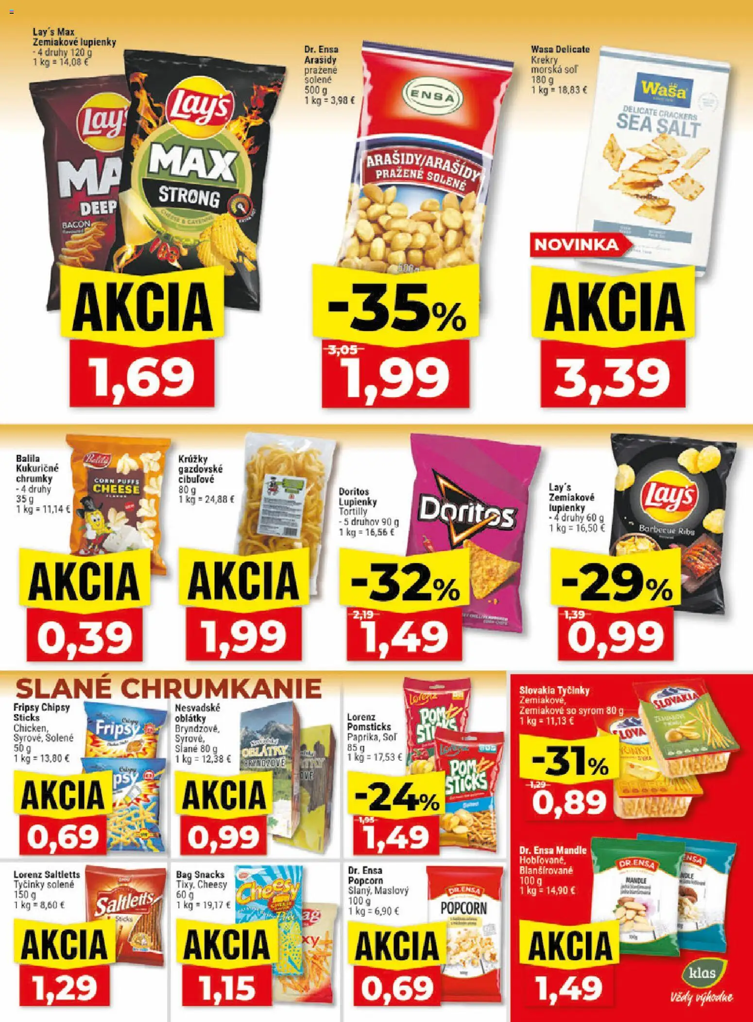 Nové Klas akcie – leták je platný od 29.06.2026 | Strana: 20 | Produkty: Chipsy, Soľ, Arašidy, Mandle